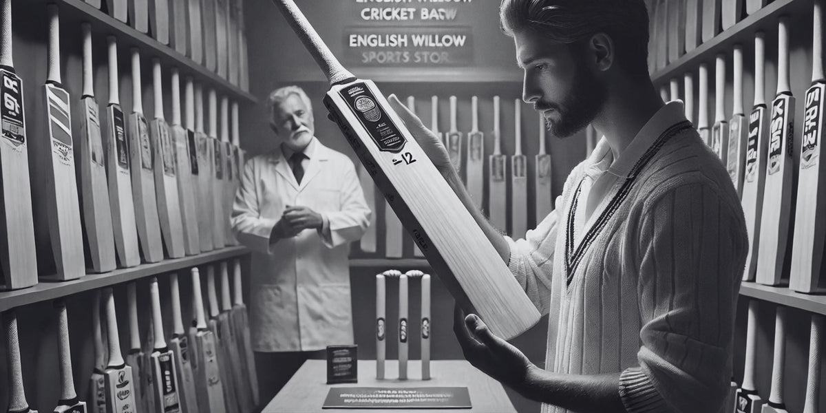 Player examining the grains of an English willow cricket bat in a bat shop