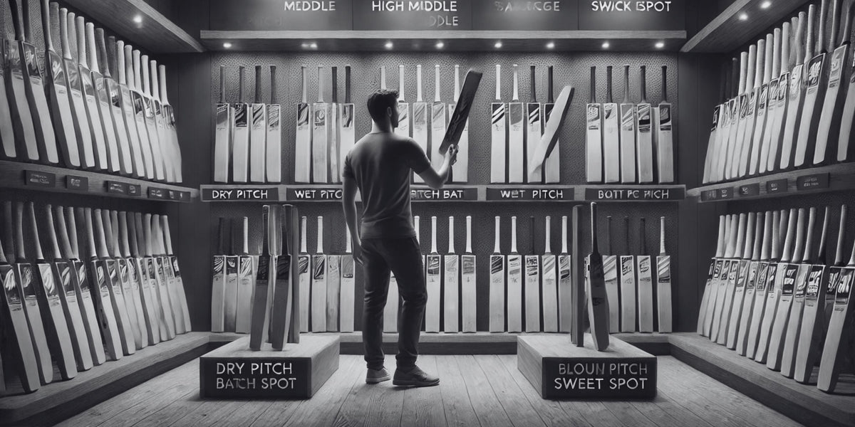 Player choosing a cricket bat from racks labeled for dry pitch and bouncy pitch