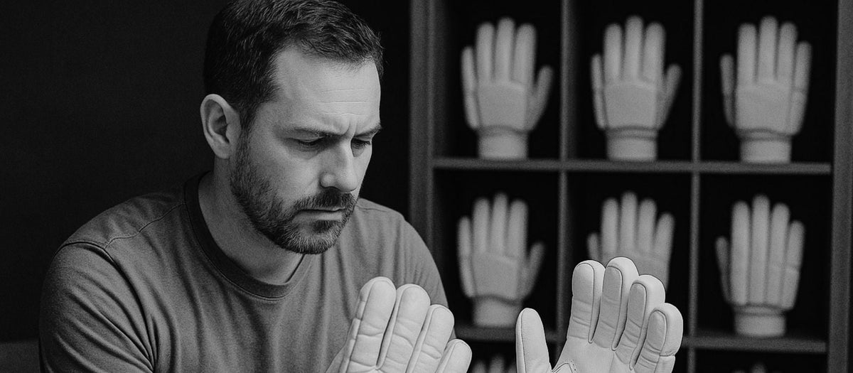 Cricketer flexing a new pair of batting gloves to soften them