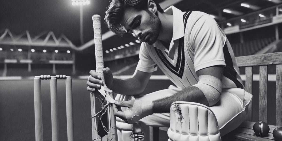 Cricketer in whites inspecting a cracked cricket bat handle