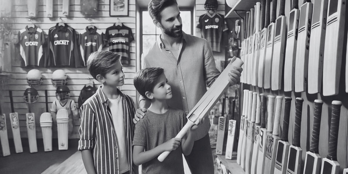 Father helping two boys pick junior cricket bats from a store bat rack