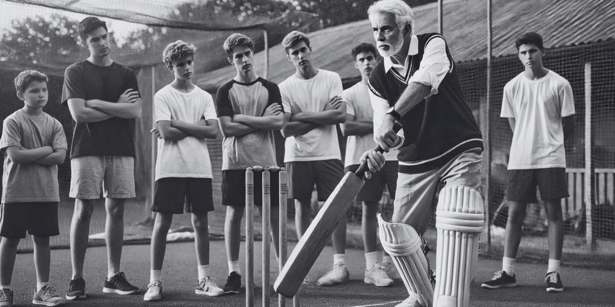 Coach demonstrating a batting stance with a cricket bat to young players