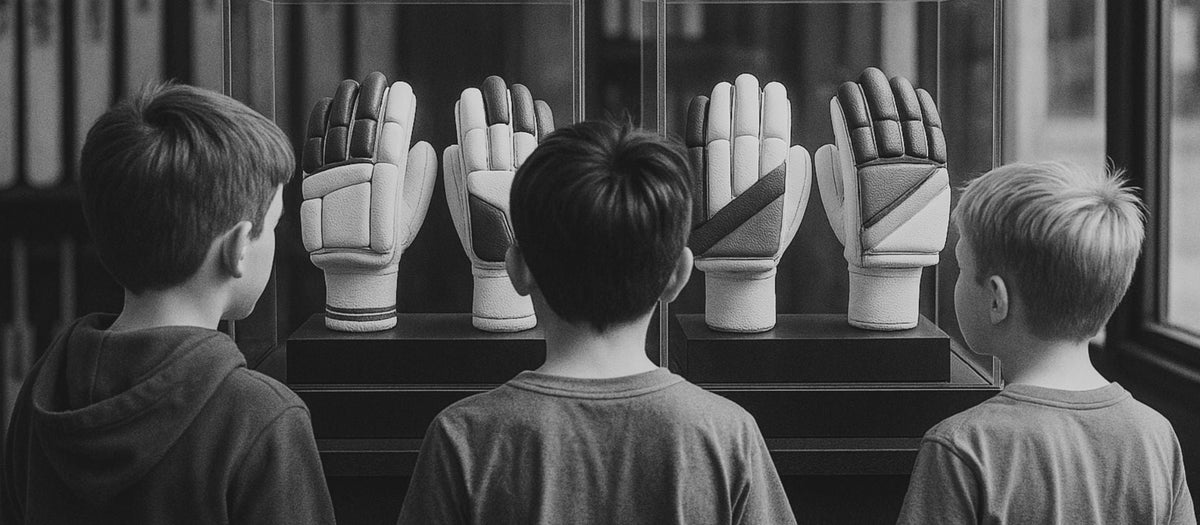 Three young cricketers looking at youth batting gloves on a store display