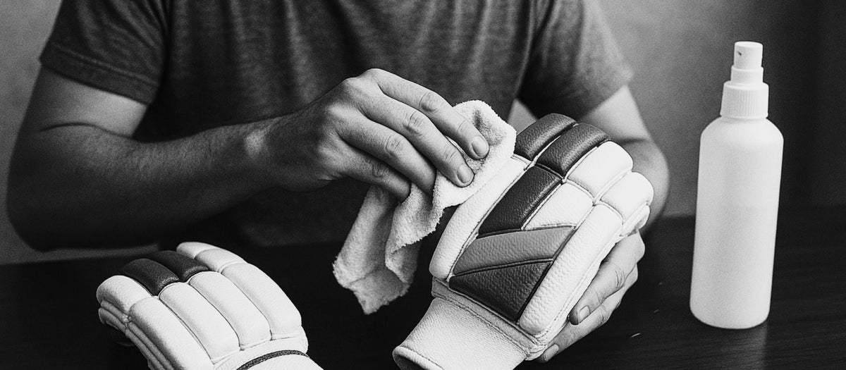 Wiping cricket gloves clean with a cloth next to a spray bottle