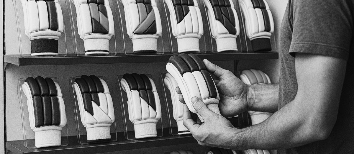 Player trying on cricket batting gloves in front of a glove wall to check the size