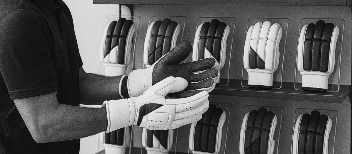 Player fitting a cricket glove in front of a display of wicket-keeping and batting gloves