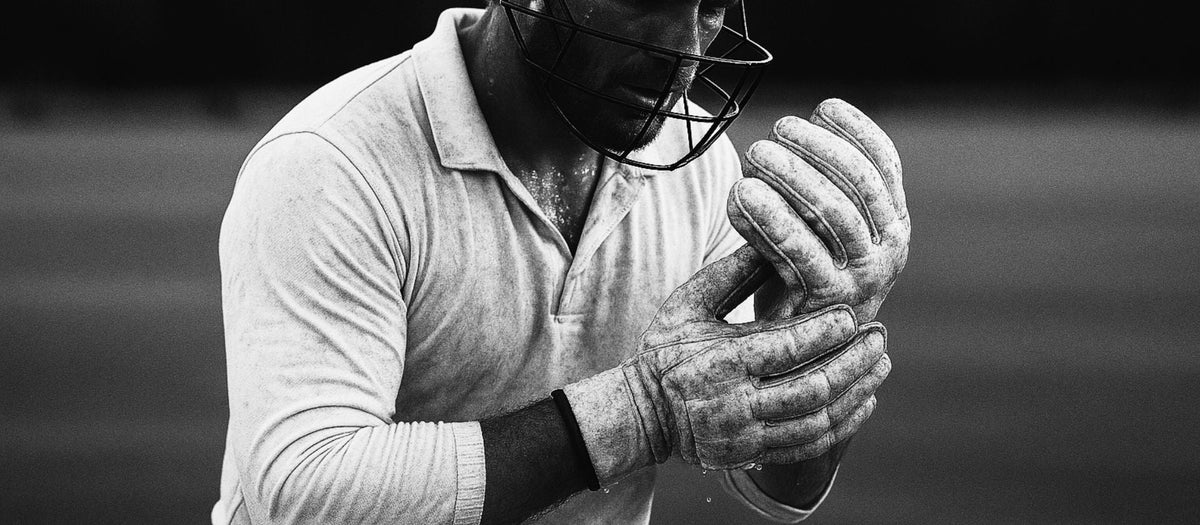 Cricketer adjusting a worn batting glove for better grip