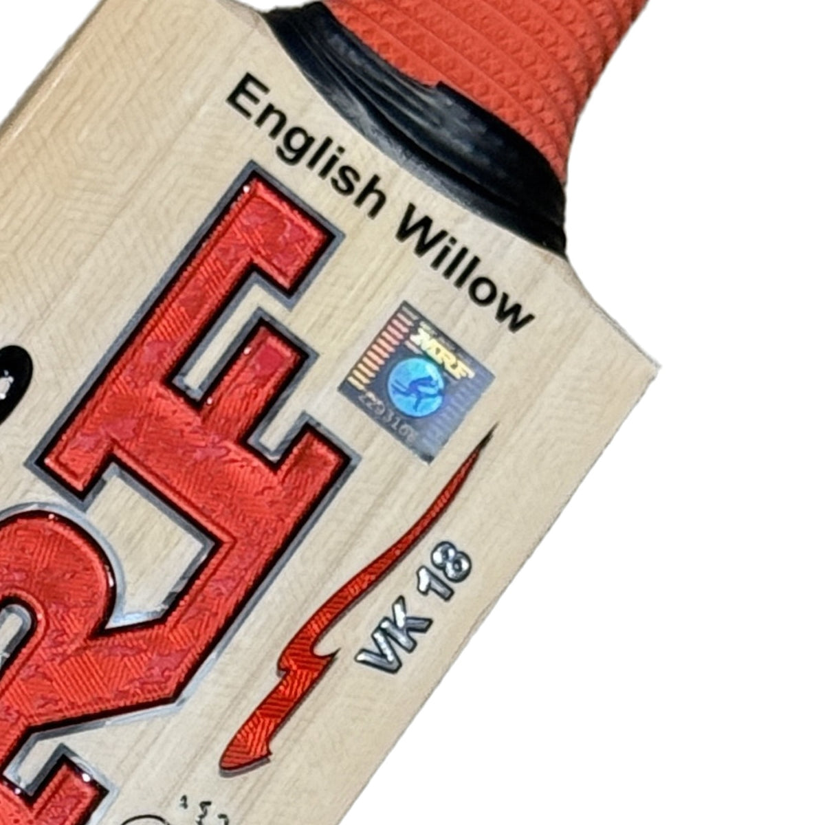 Close-up of English Willow label, hologram and VK 18 at the shoulder