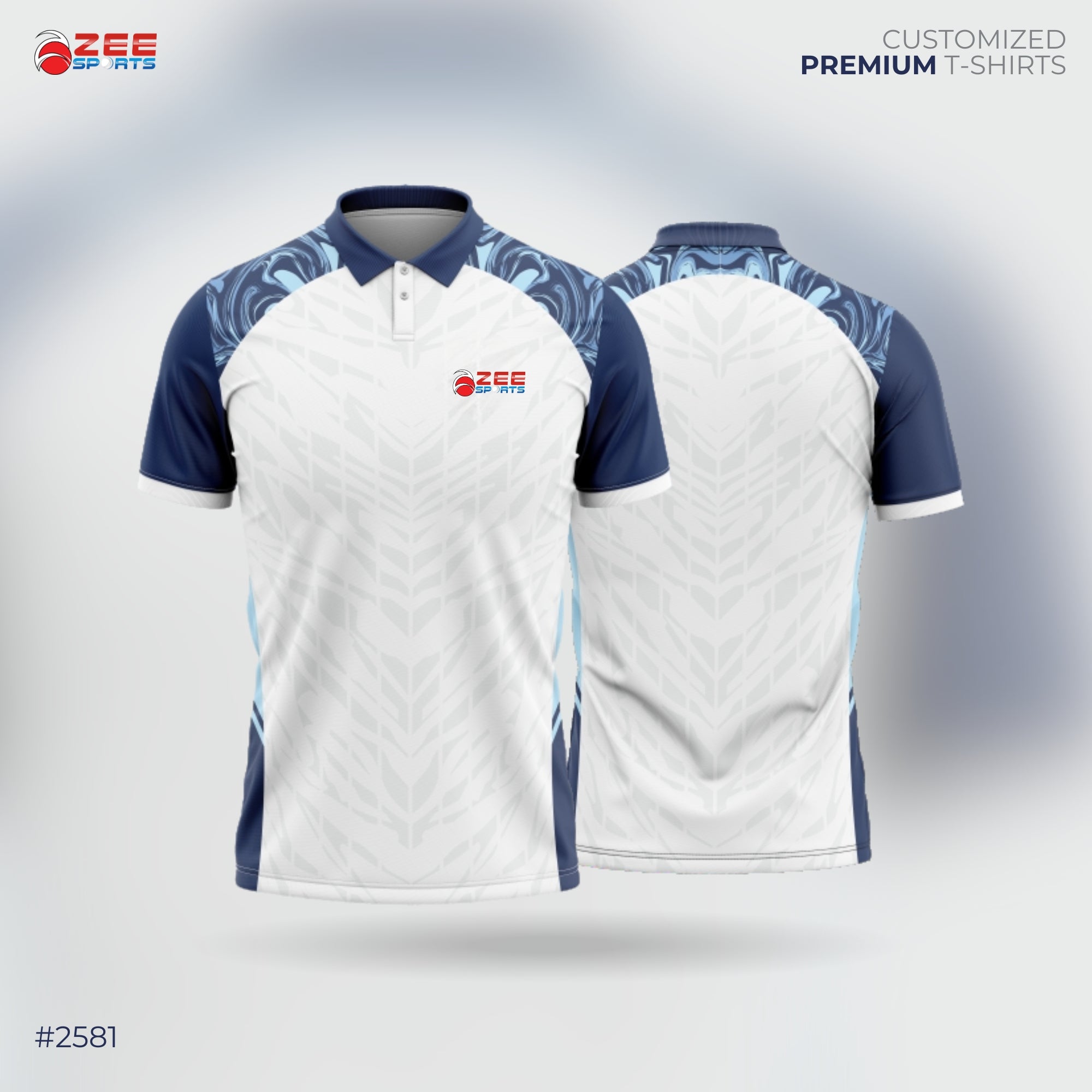 White t-shirt with blue accents and ZEE logo on a gray background