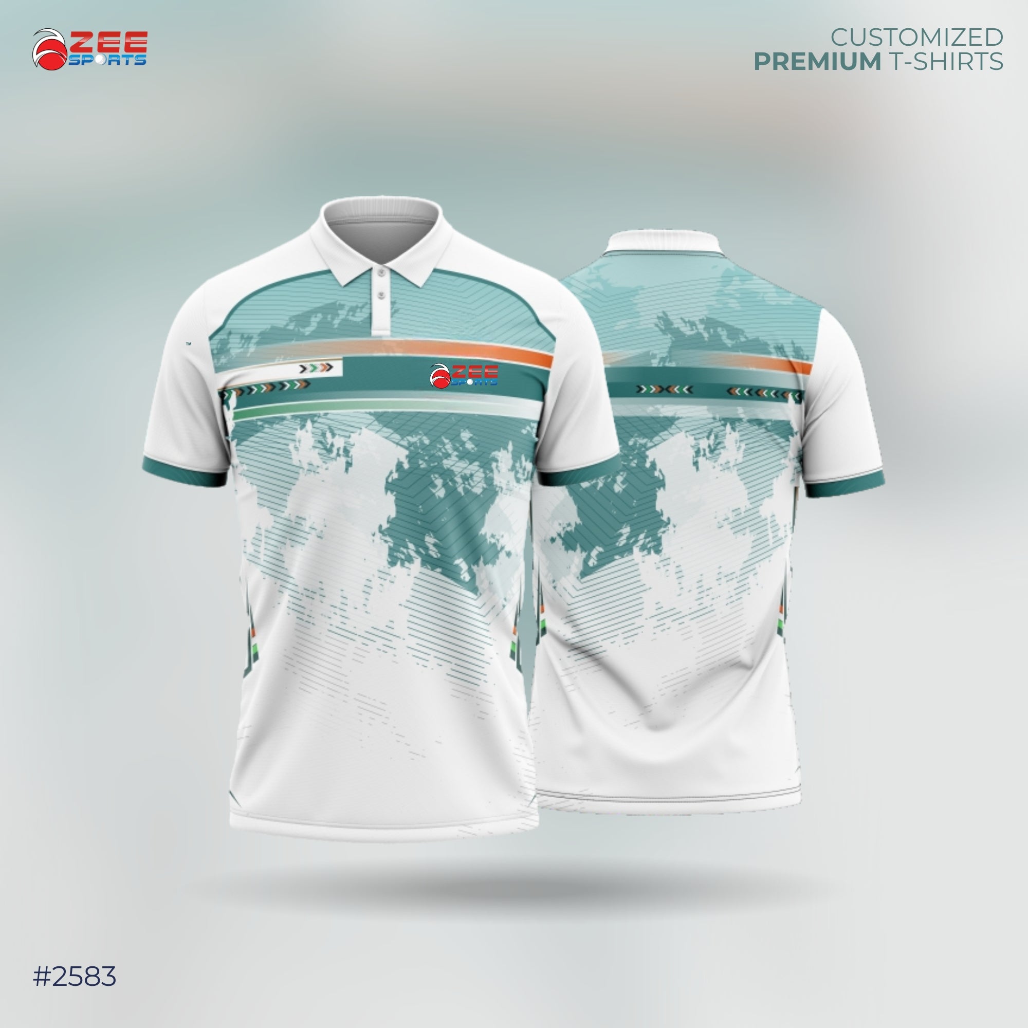 White and teal sports jersey with branding on a gray background