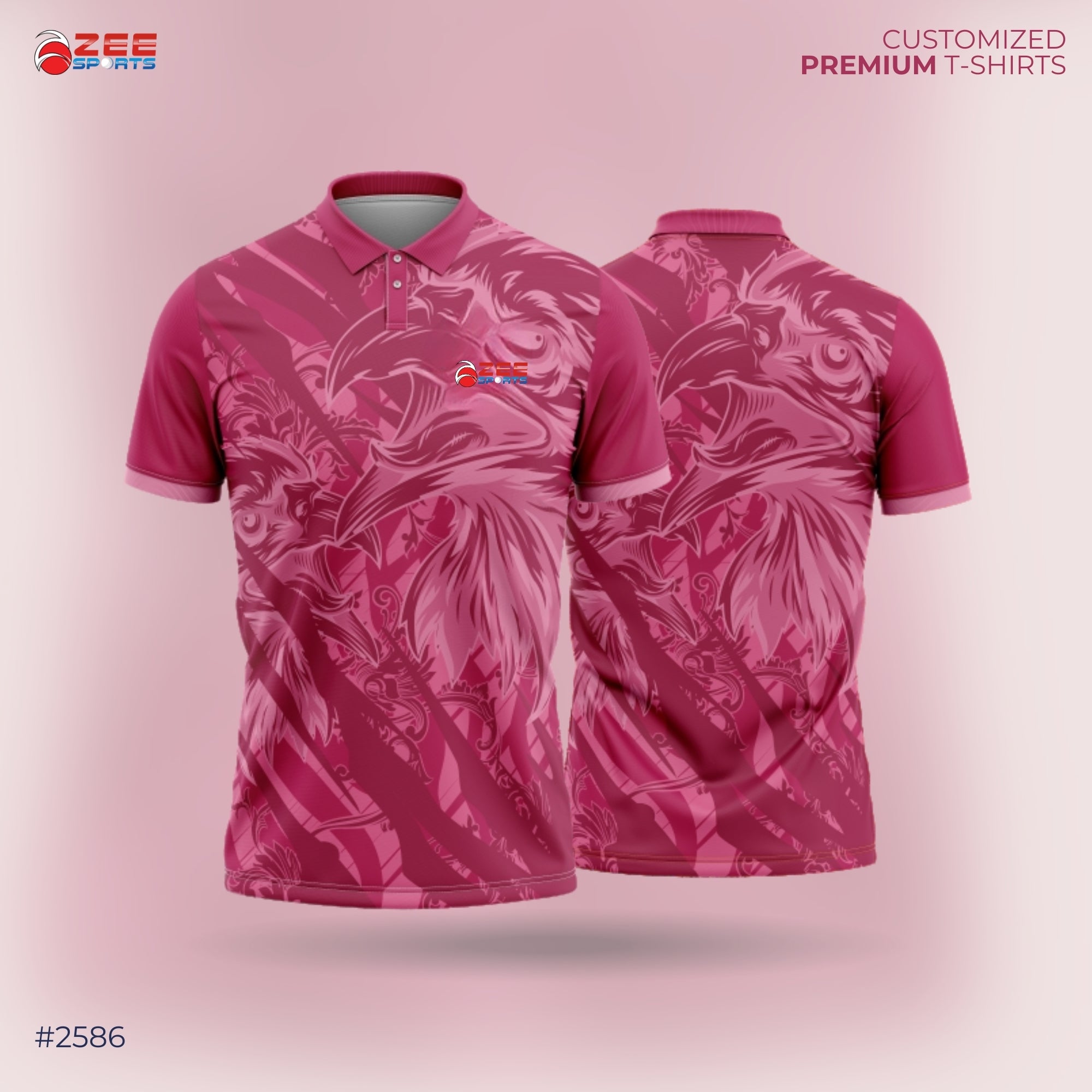 Pink patterned t-shirt with brand logo on a pink background