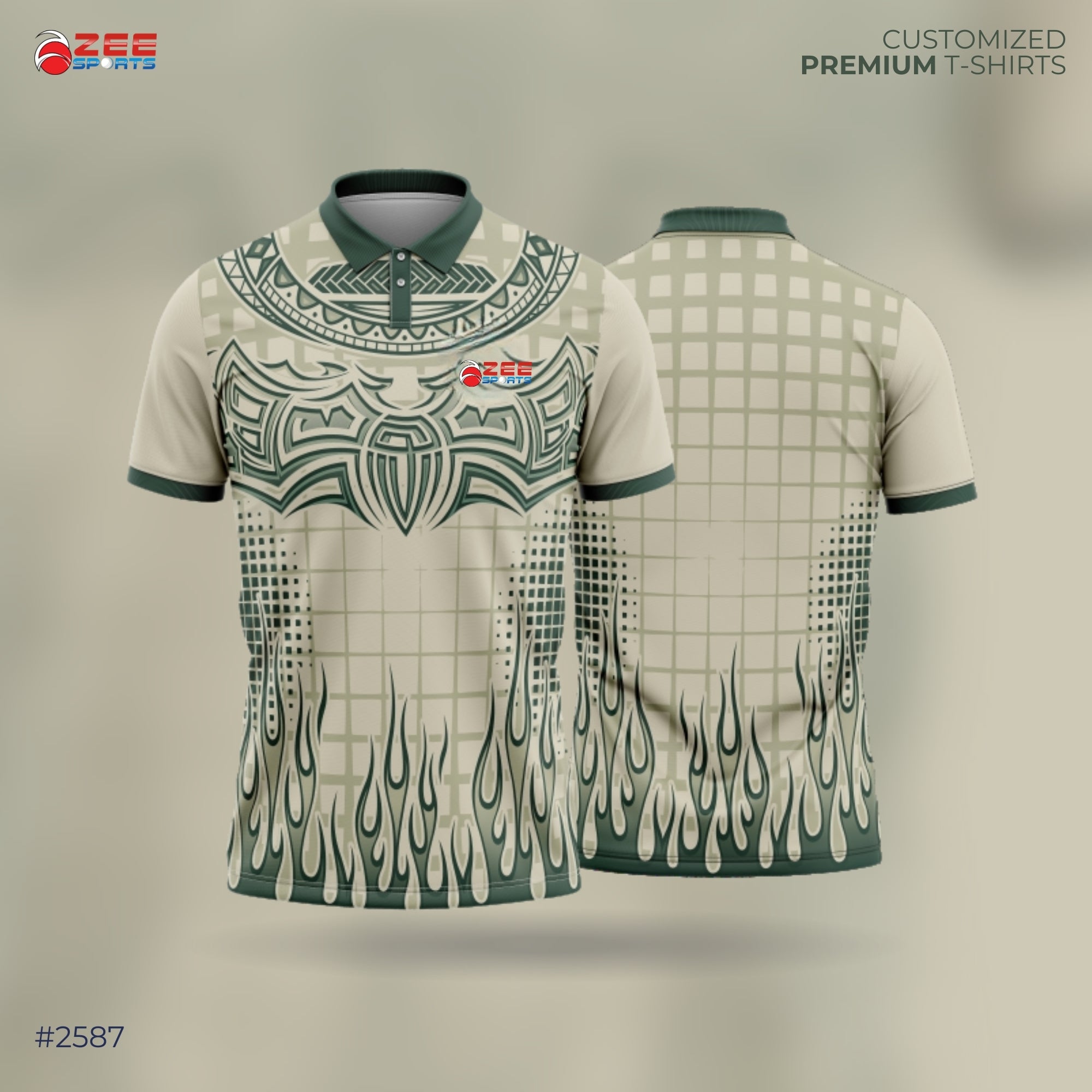 Customized premium t-shirt with tribal design on a gray background