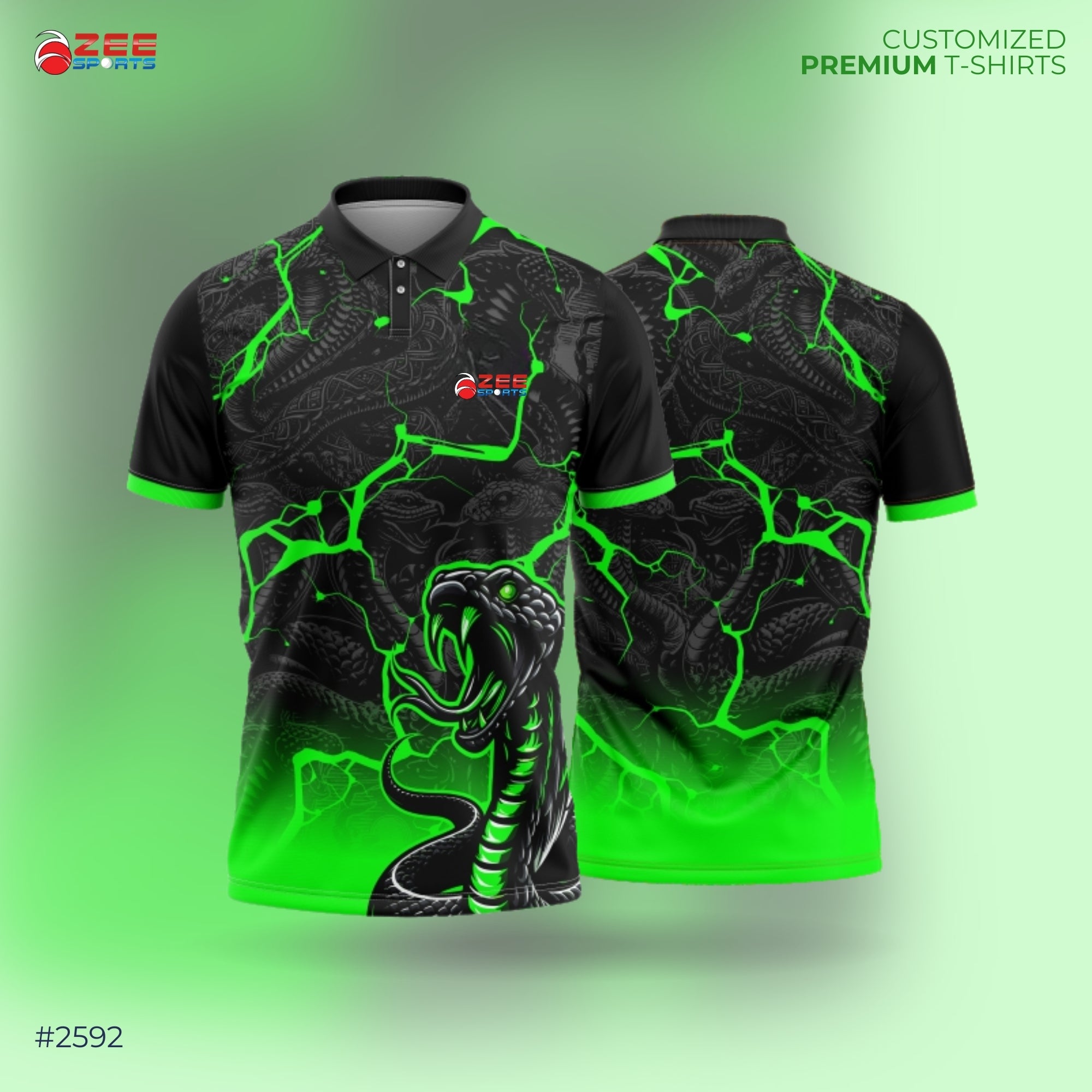 Zee Sports Black t-shirt with green snake design on a gradient background