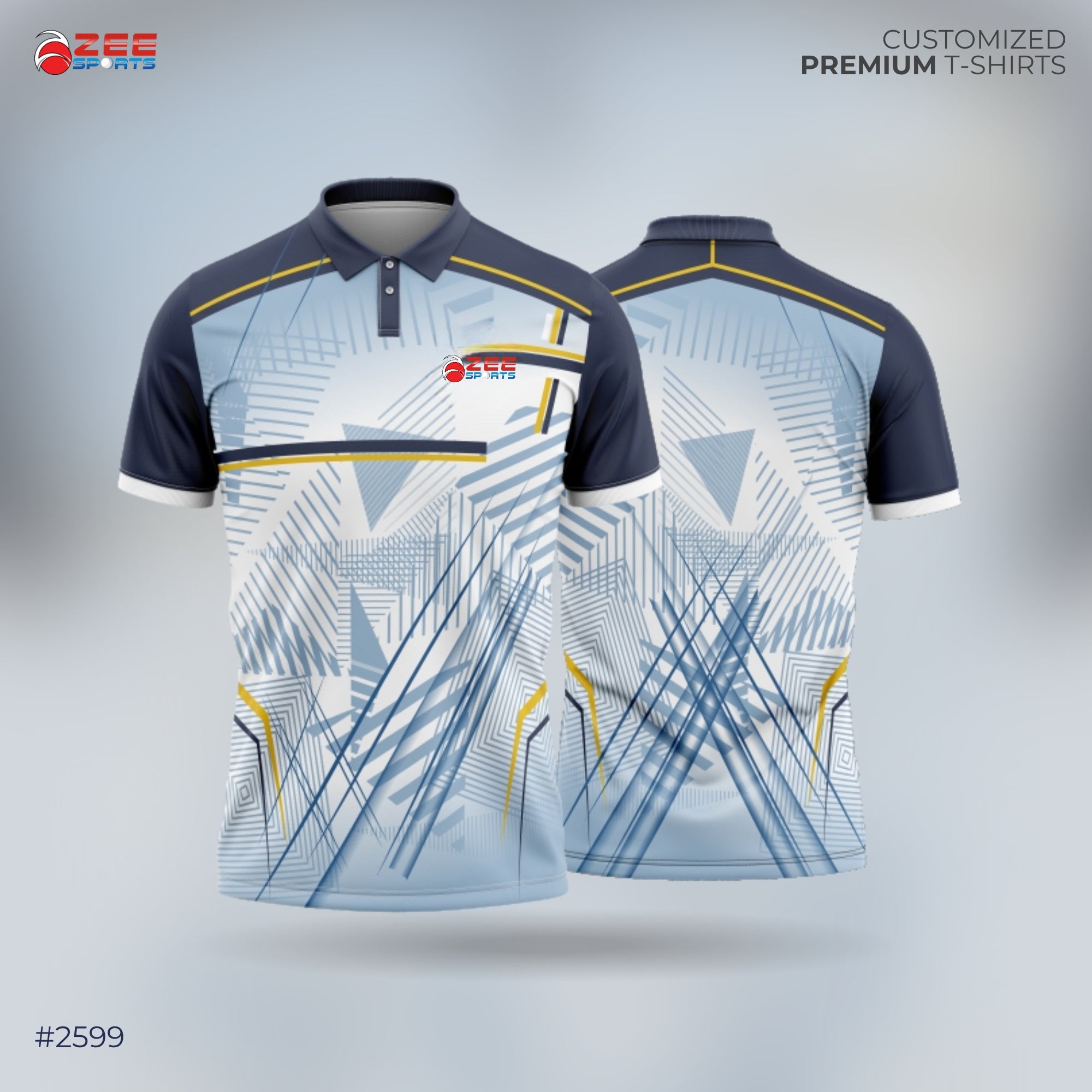 Gray and navy sports jersey with zeesports logo and geometric pattern on a gray background
