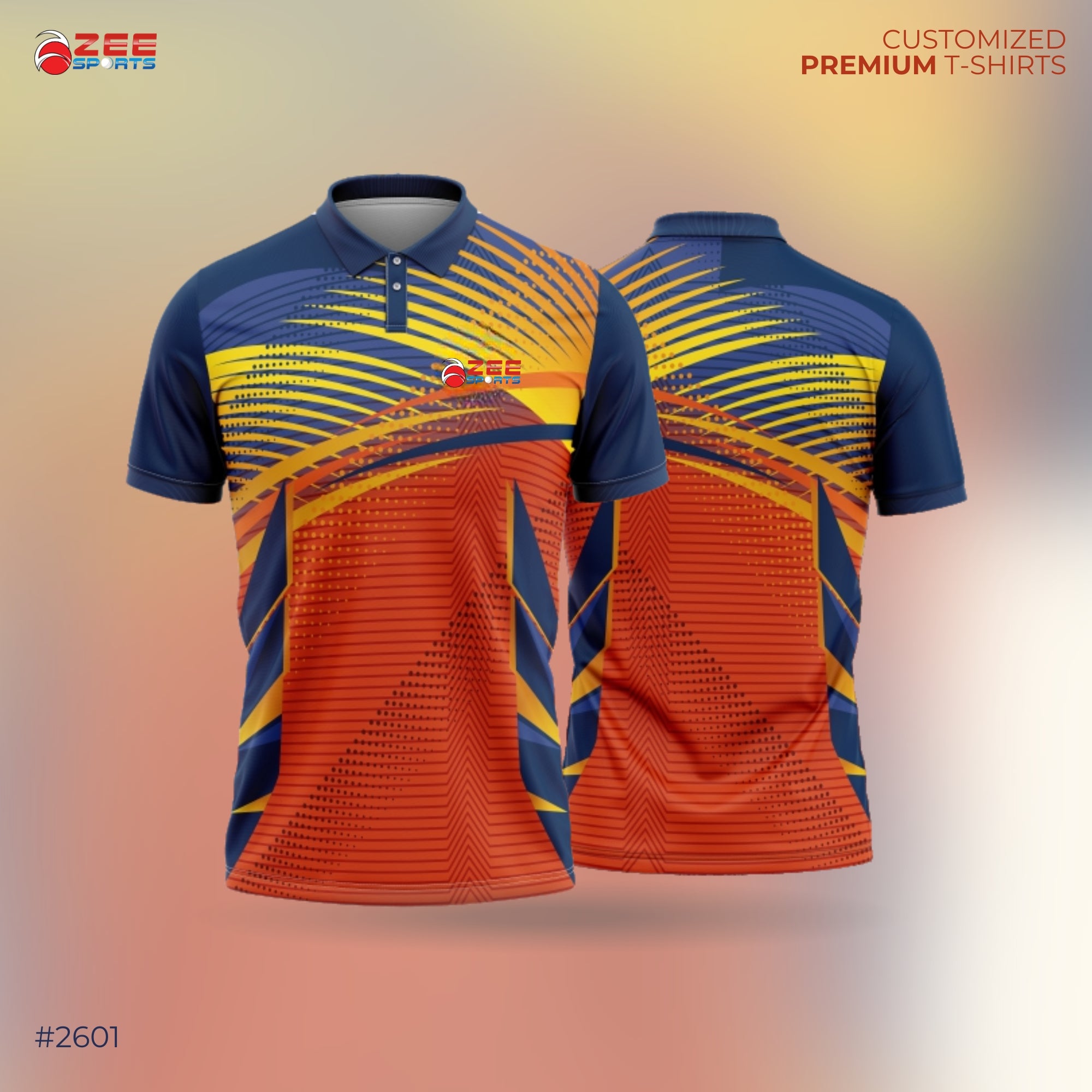Colorful polo shirt with geometric pattern on a gradient background, featuring ZEE Sports logo.