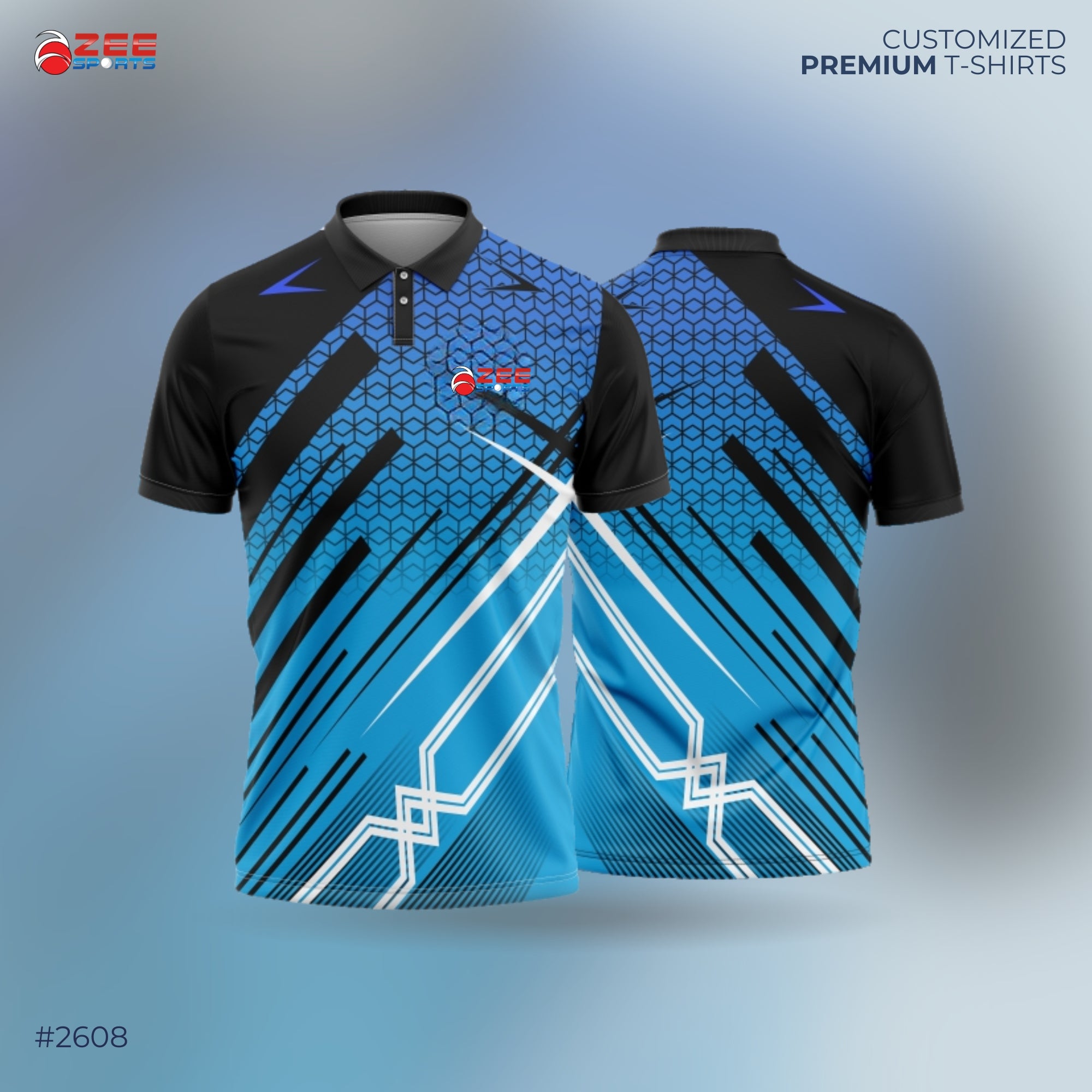Blue and black sports jersey with zeesports logo and geometric pattern on a gradient background