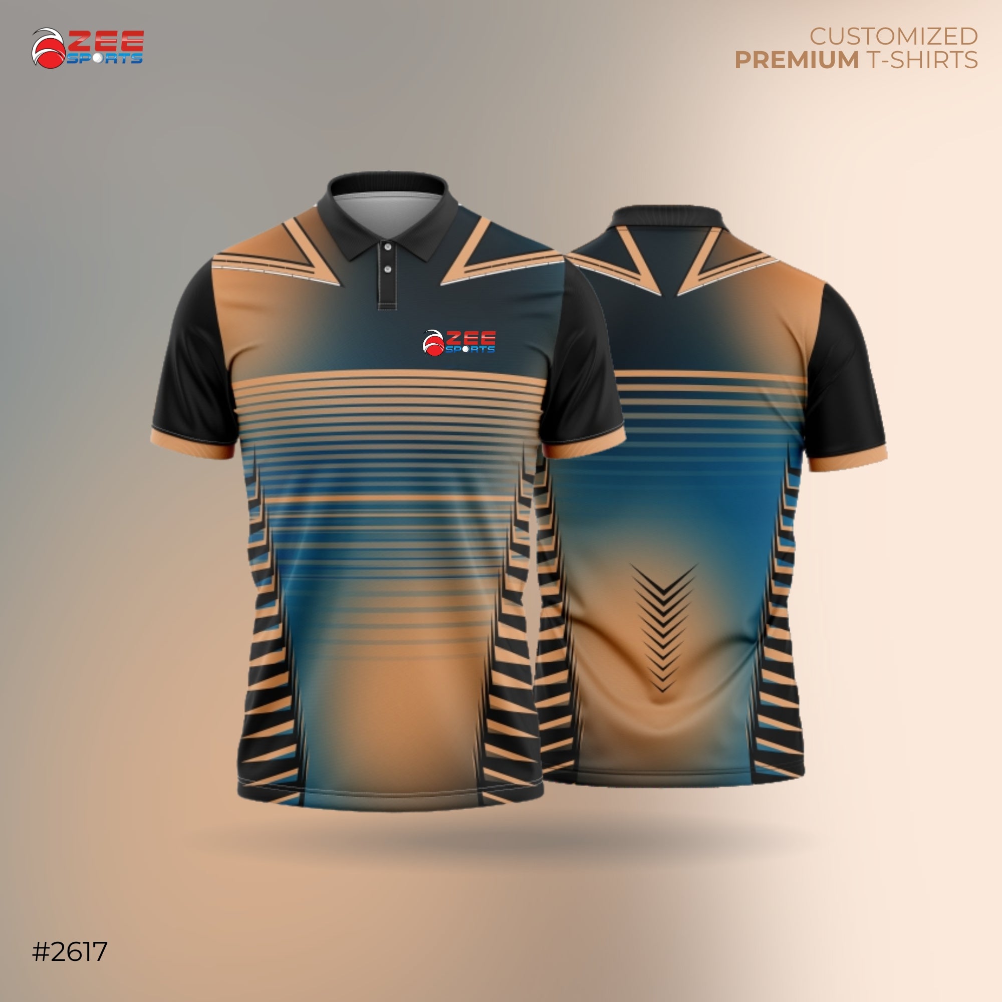 Two customized premium t-shirts with zeesports logo with a gradient design on a gradient background