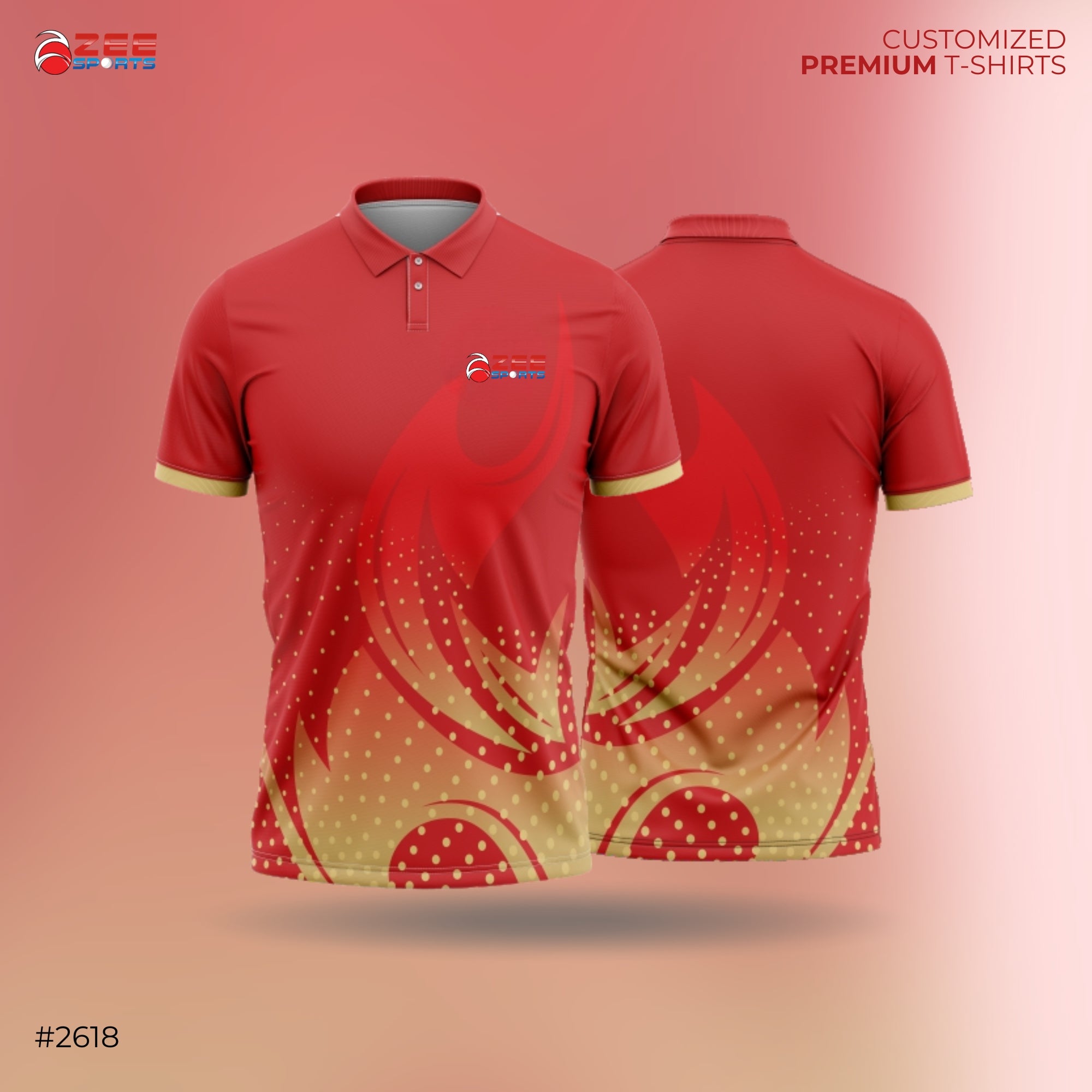 Red polo shirt with a pattern on a pink background, featuring with zeesports brand logo Red Sports