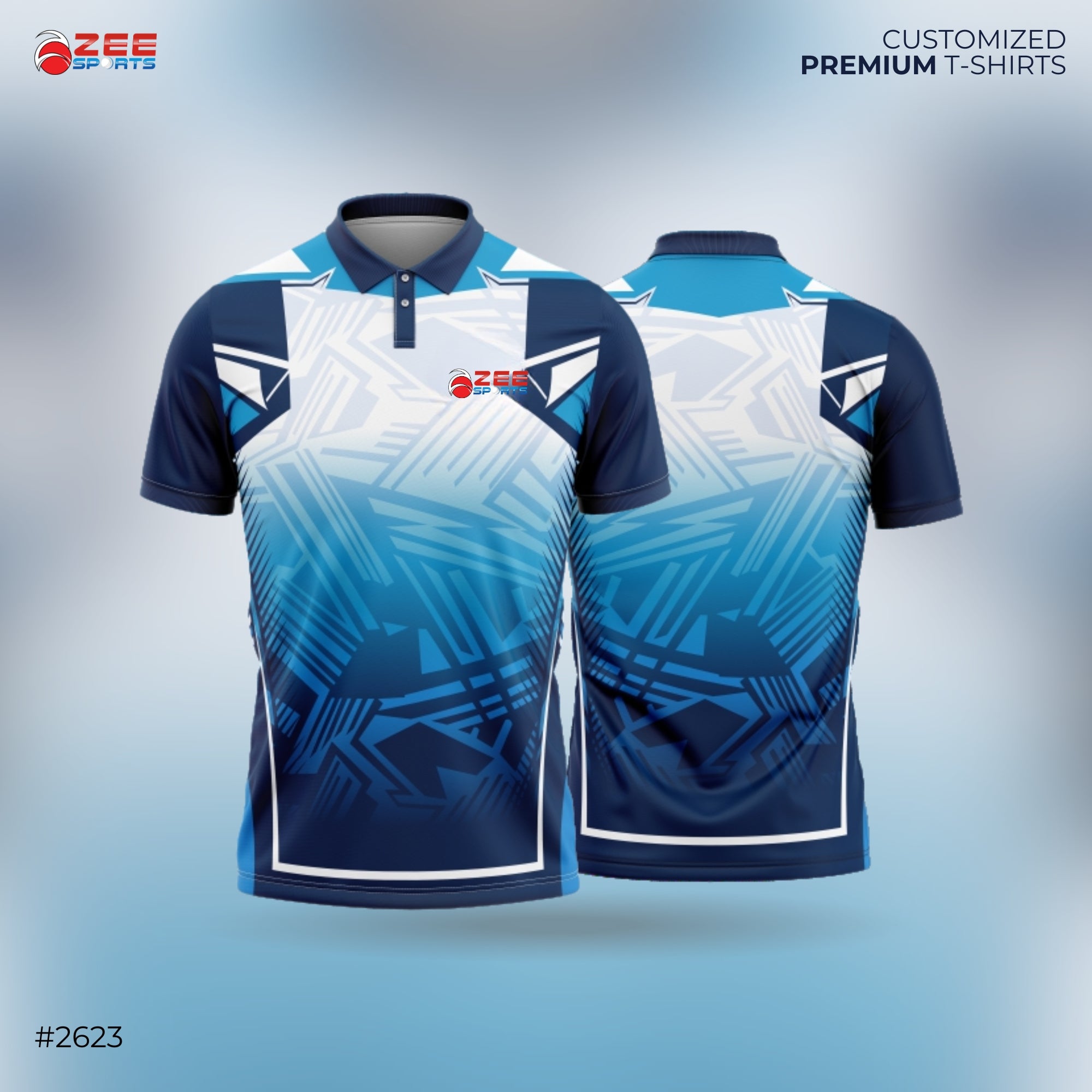 Blue and white t-shirt with geometric design on a gradient background, featuring the ZEE Sports logo.