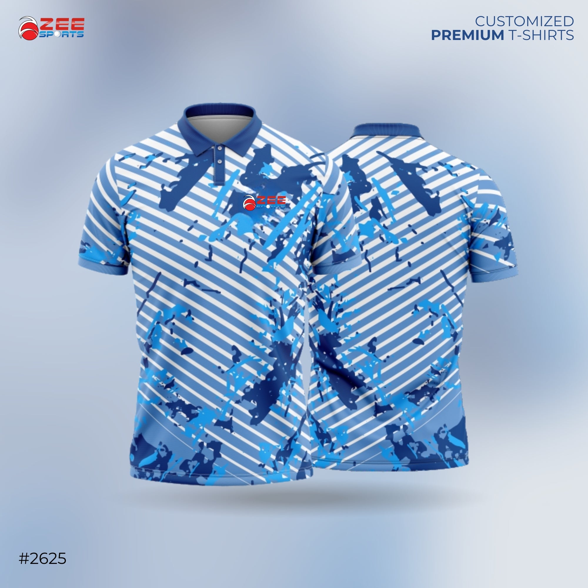 Blue and white striped t-shirt with camouflage pattern on a gray background, featuring ZEE Sports logo.