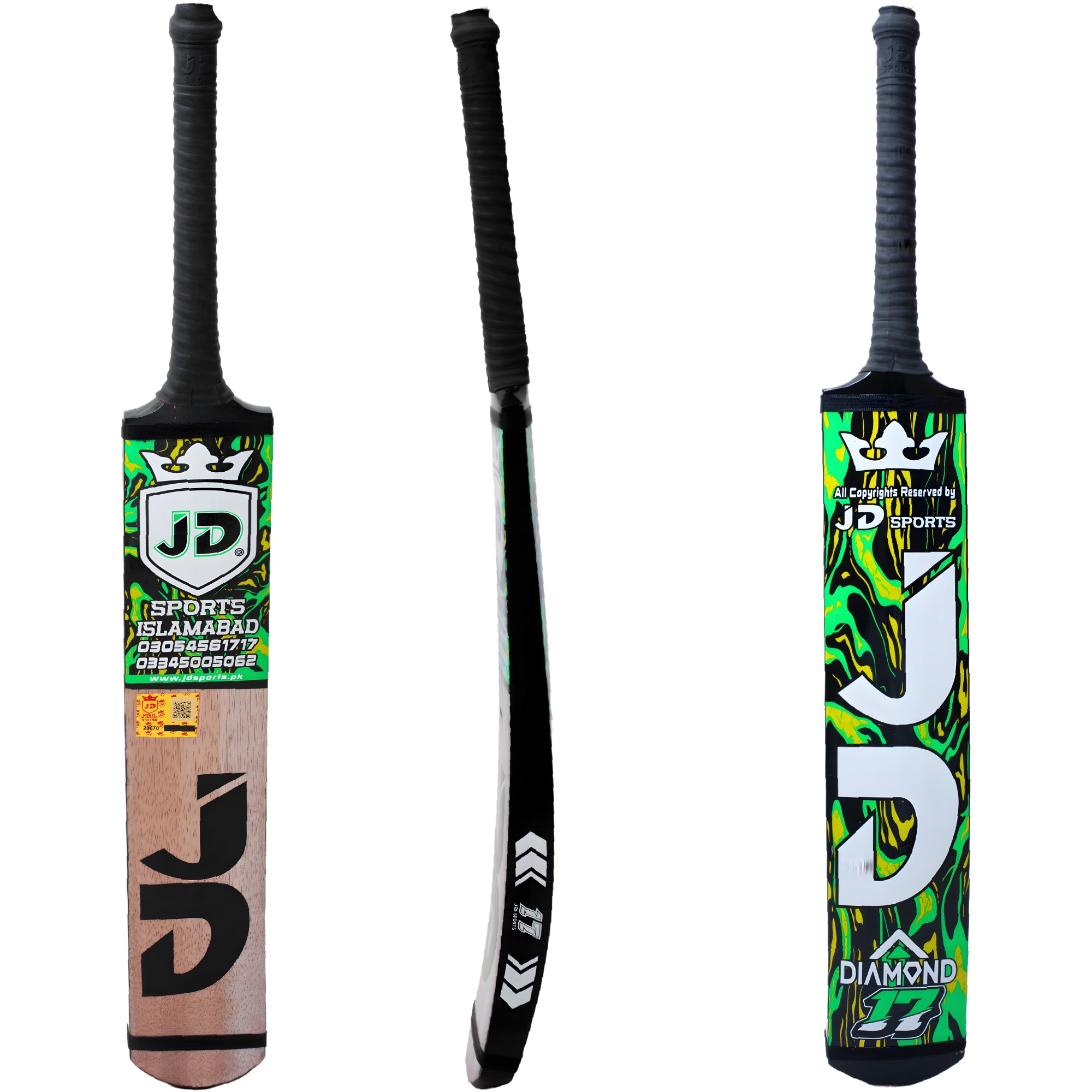 JD Sports Cricket Bat Diamond Player Edition Coconut Wood Tape Tennis Green