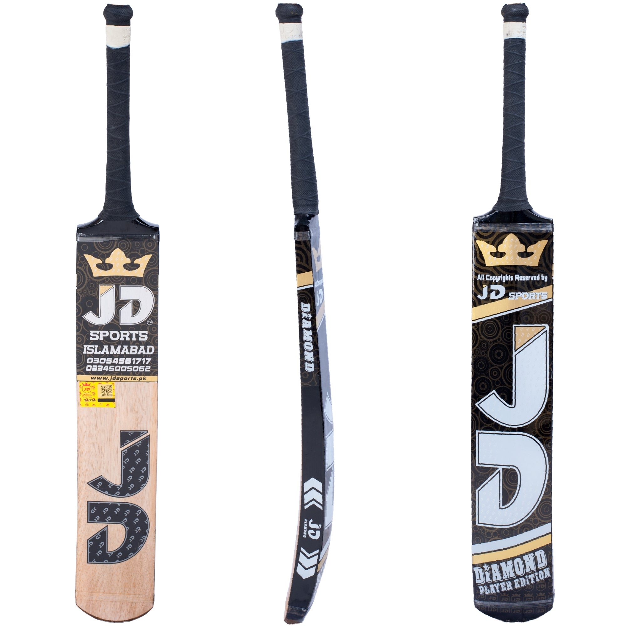 JD Sports Cricket Bat Diamond Player Edition Coconut Wood Tape Tennis Black/Gold