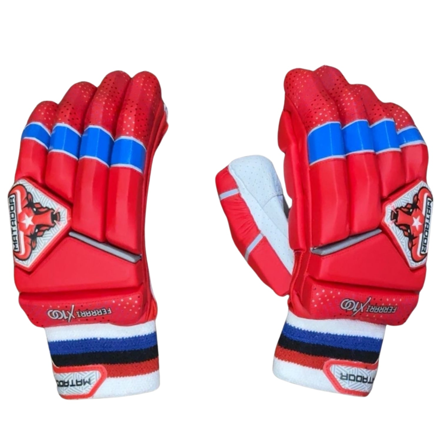 Matador Red and blue cricket gloves with a brand logo on a white background