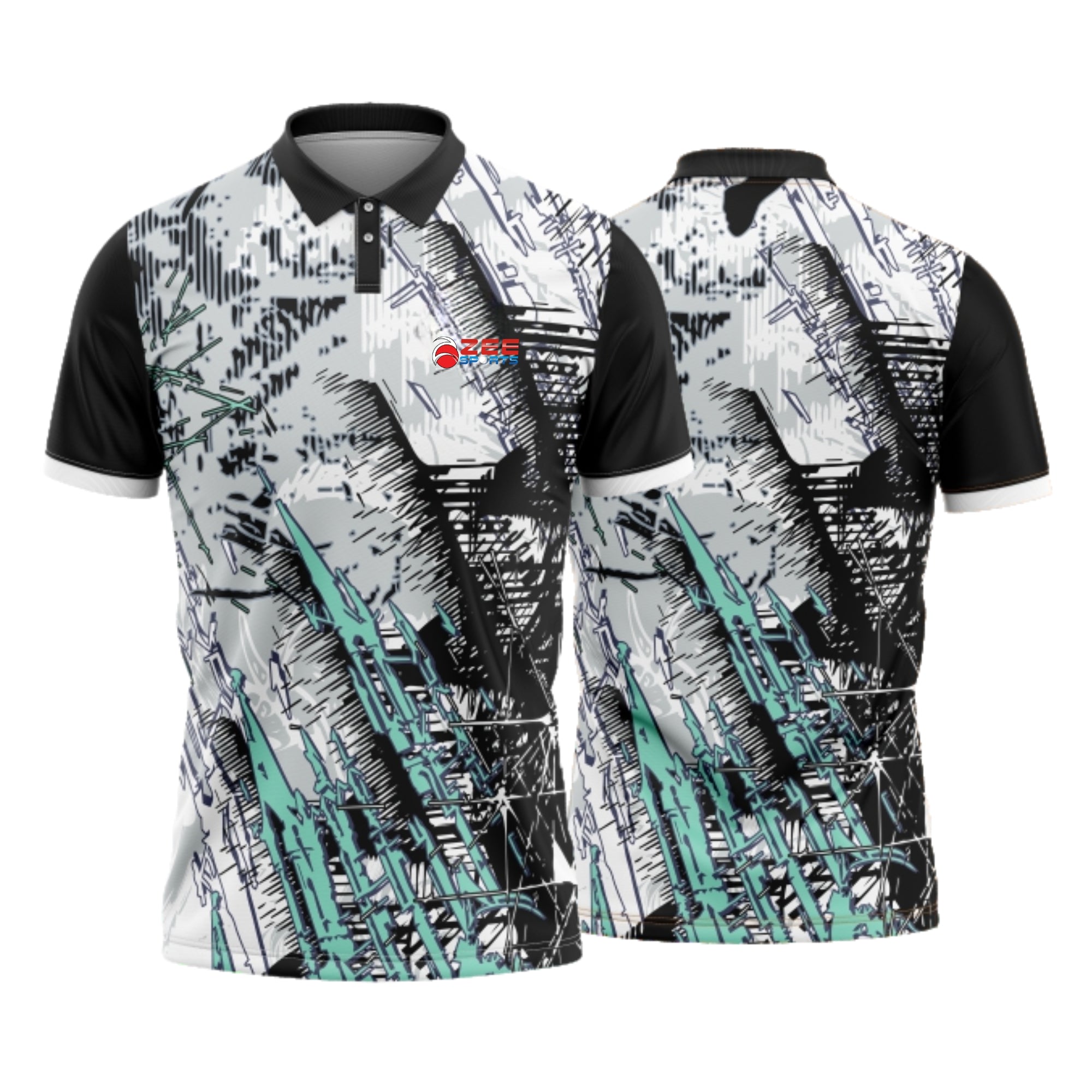 Polo shirt with a black, white, and teal abstract pattern on a white background