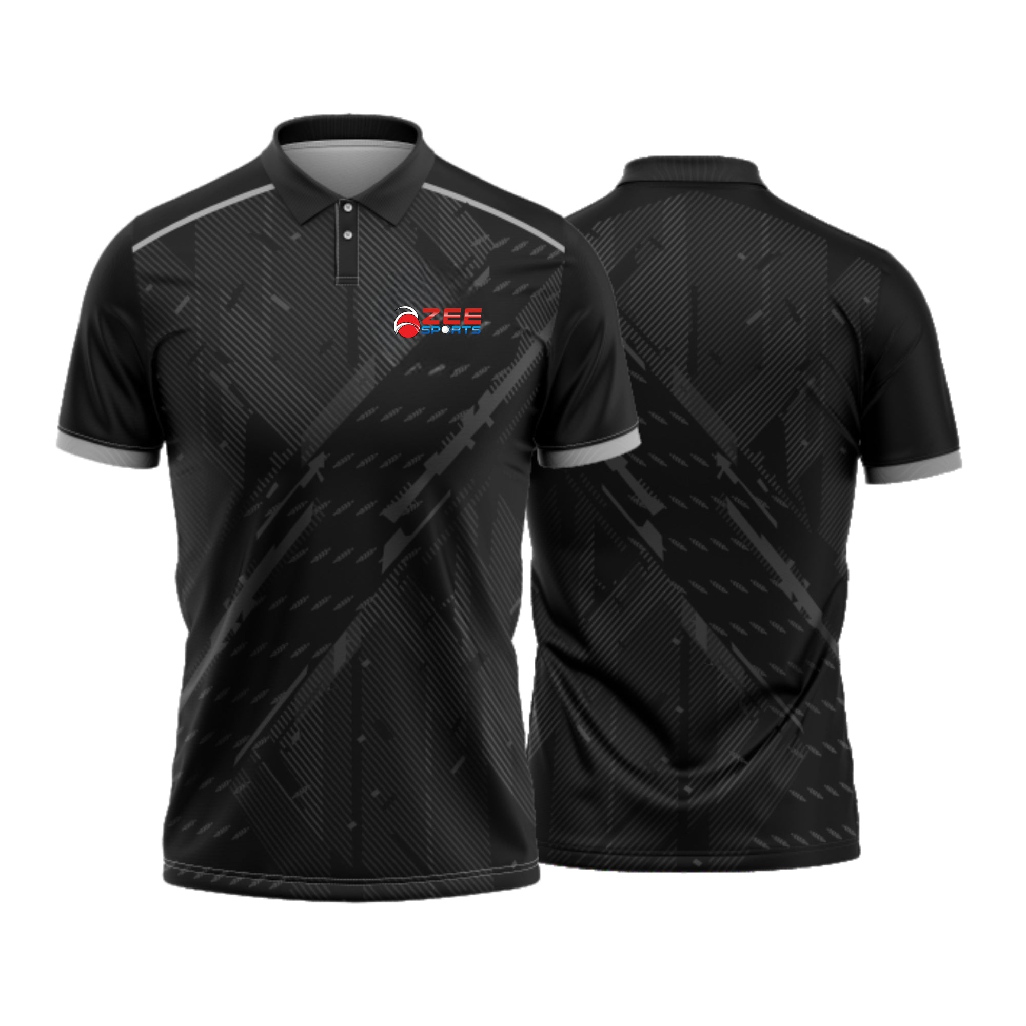 Black polo shirt with geometric pattern and logo on a white background