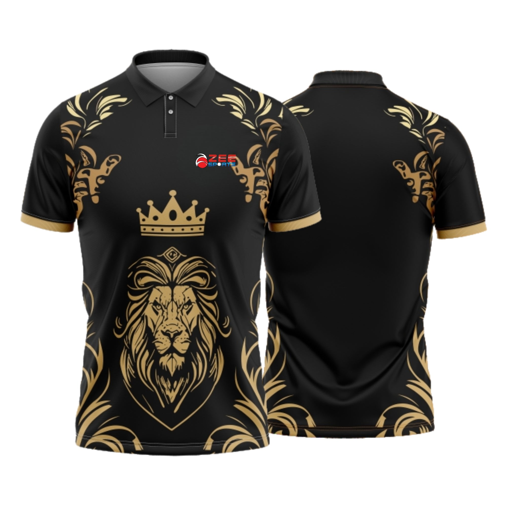 Black polo shirt with gold lion design and crown on a white background