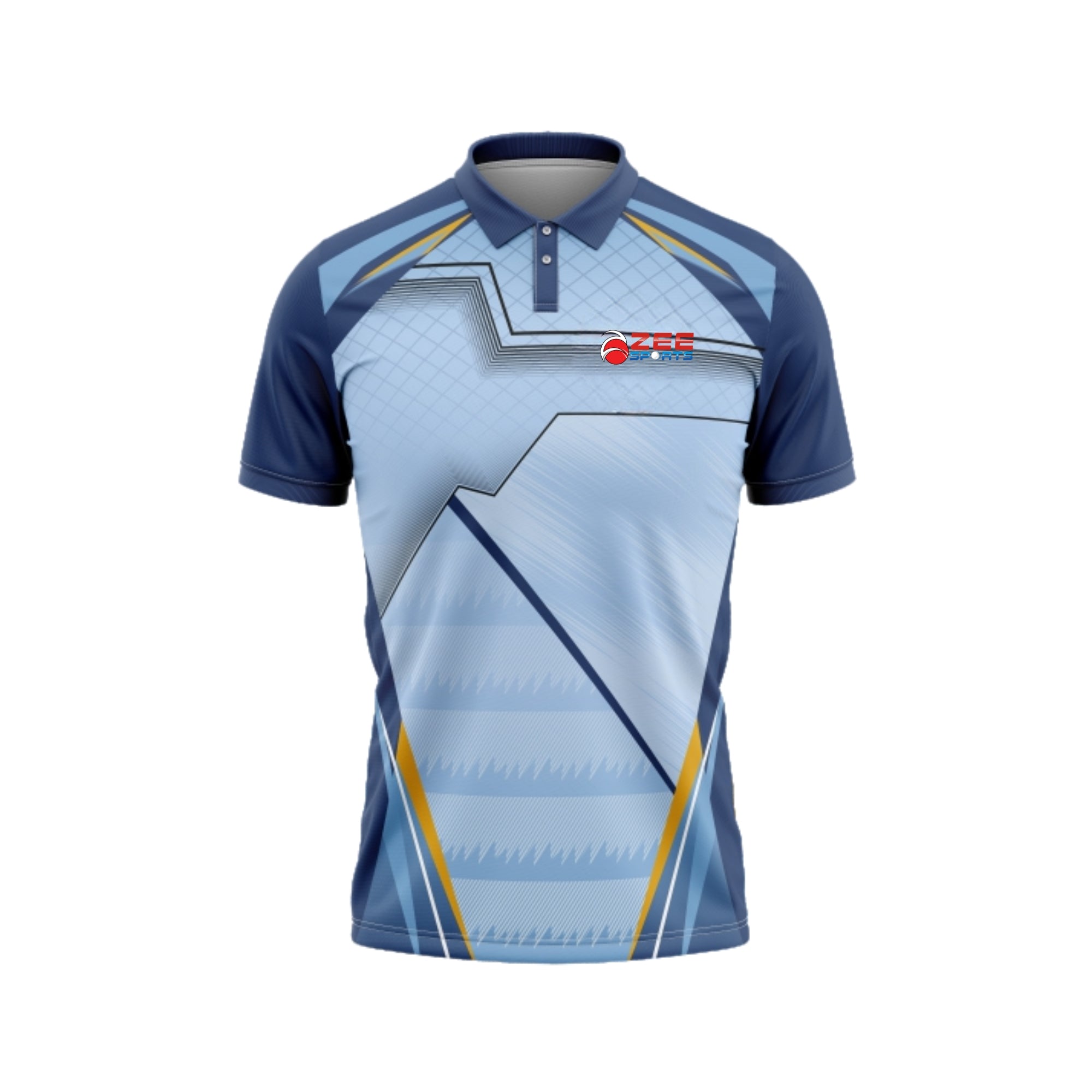 Blue and gray sports jersey with a logo on a white background