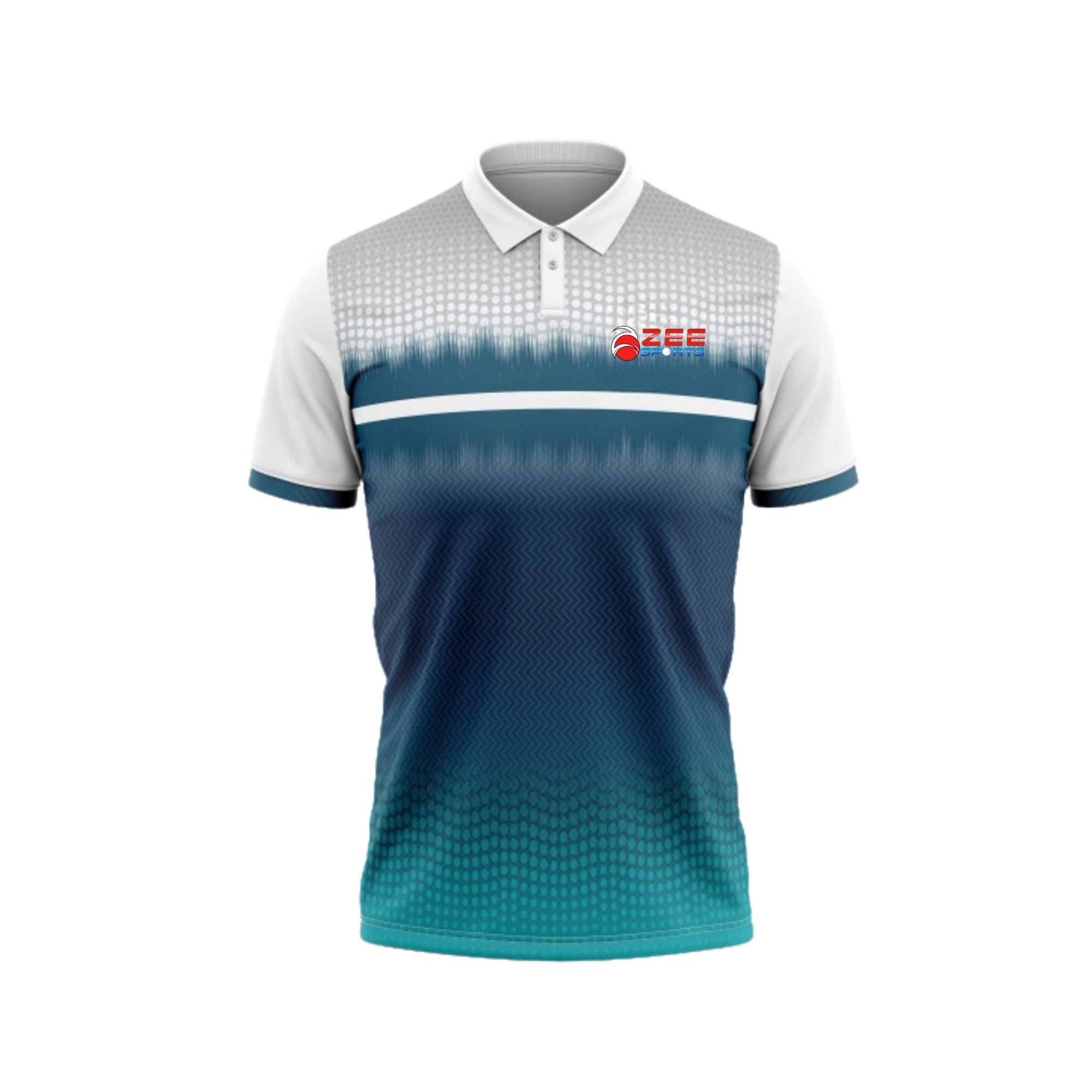 Teal and white polo shirt with a brand logo on a white background