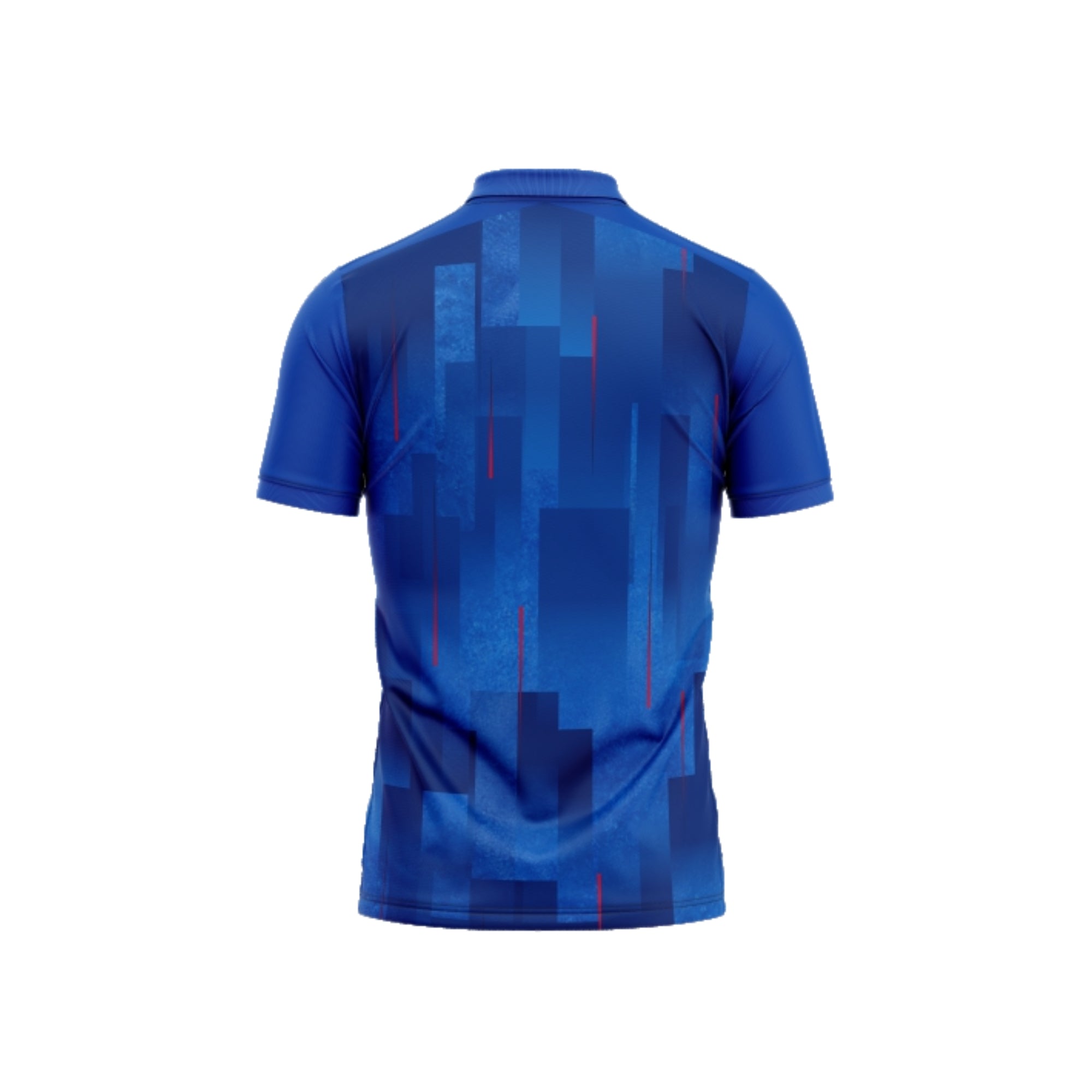 Blue sports jersey with geometric pattern on a white background