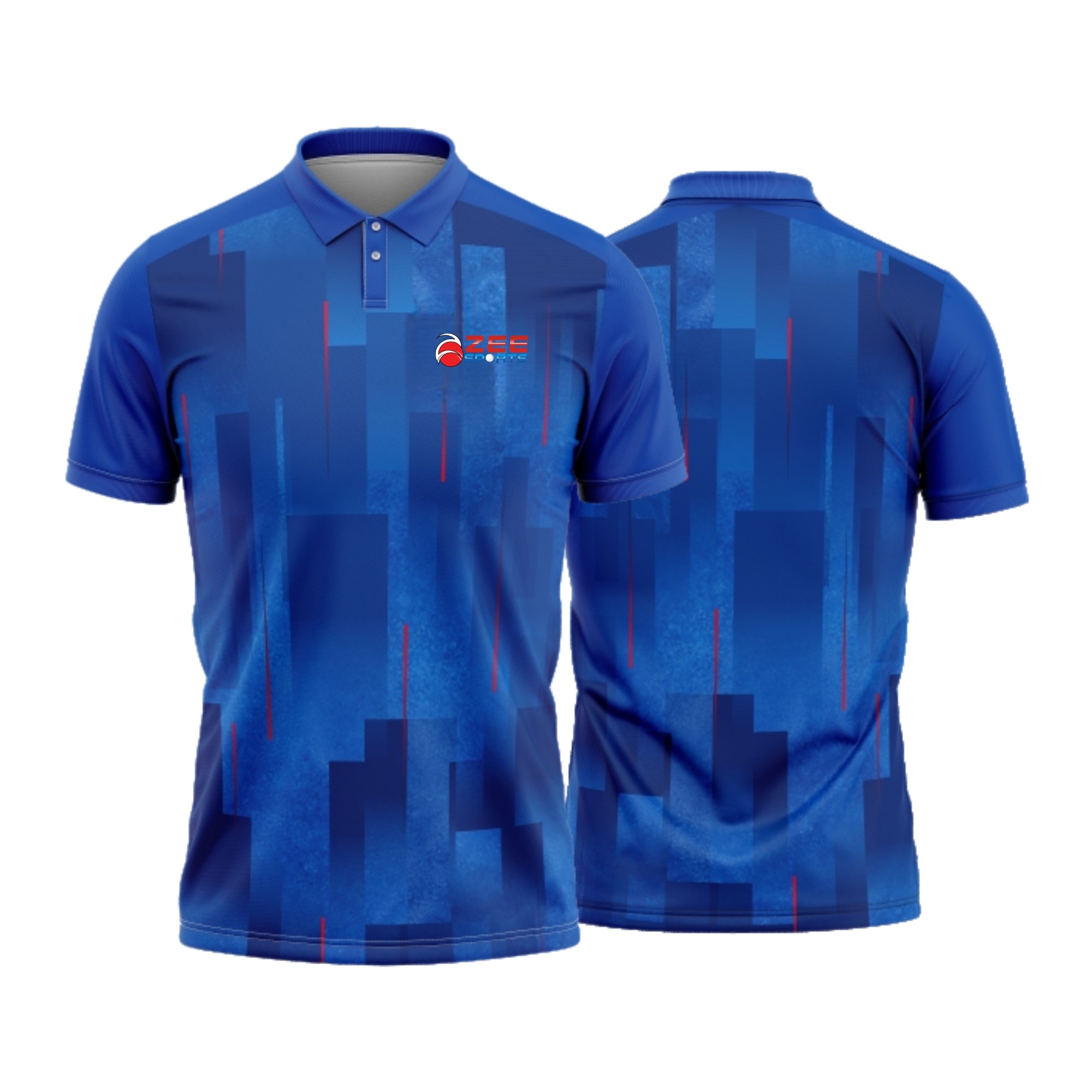 Blue polo shirt with a pattern and logo on a white background