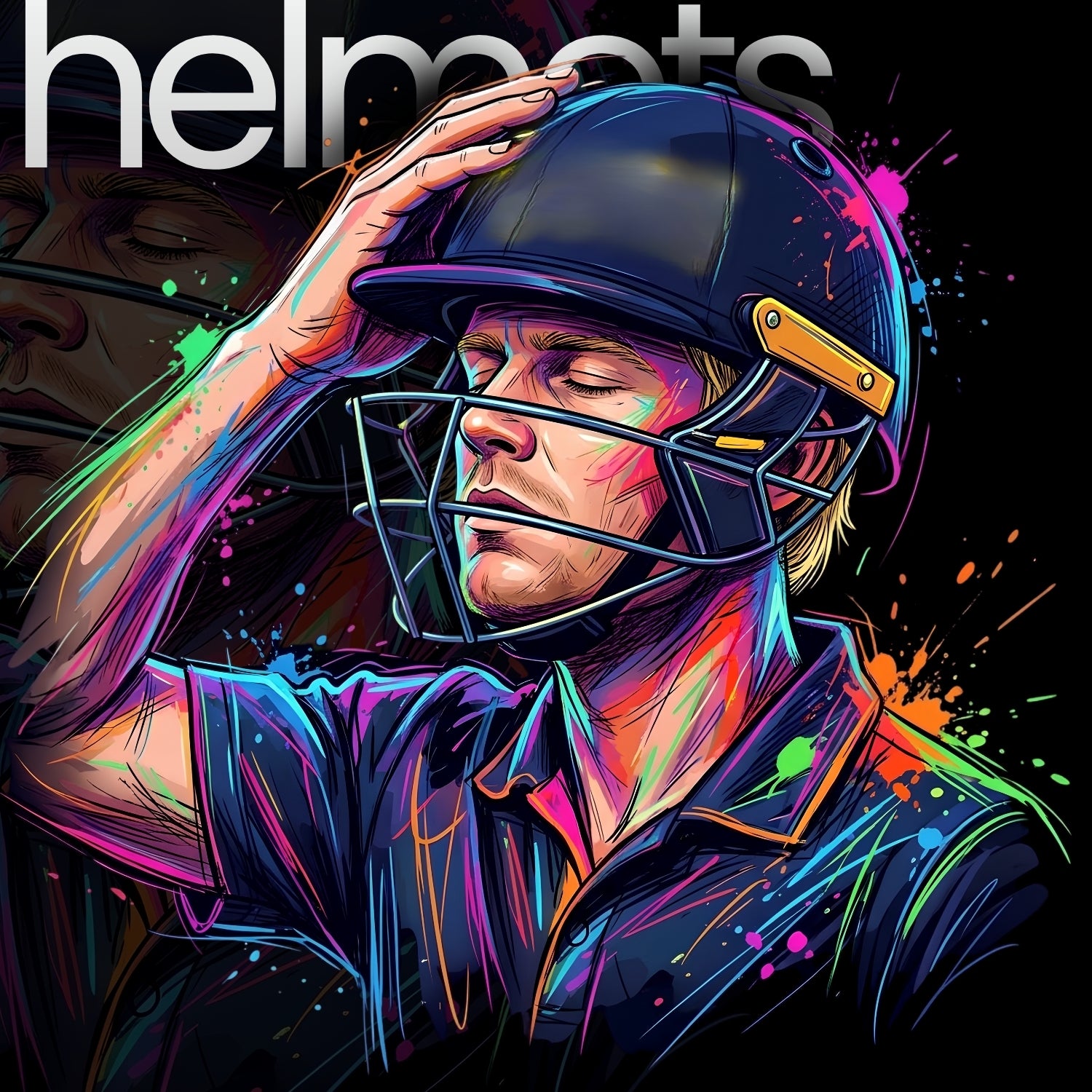 Colorful illustration of a person wearing a cricket helmet with 'helmets' text above. zeesports
