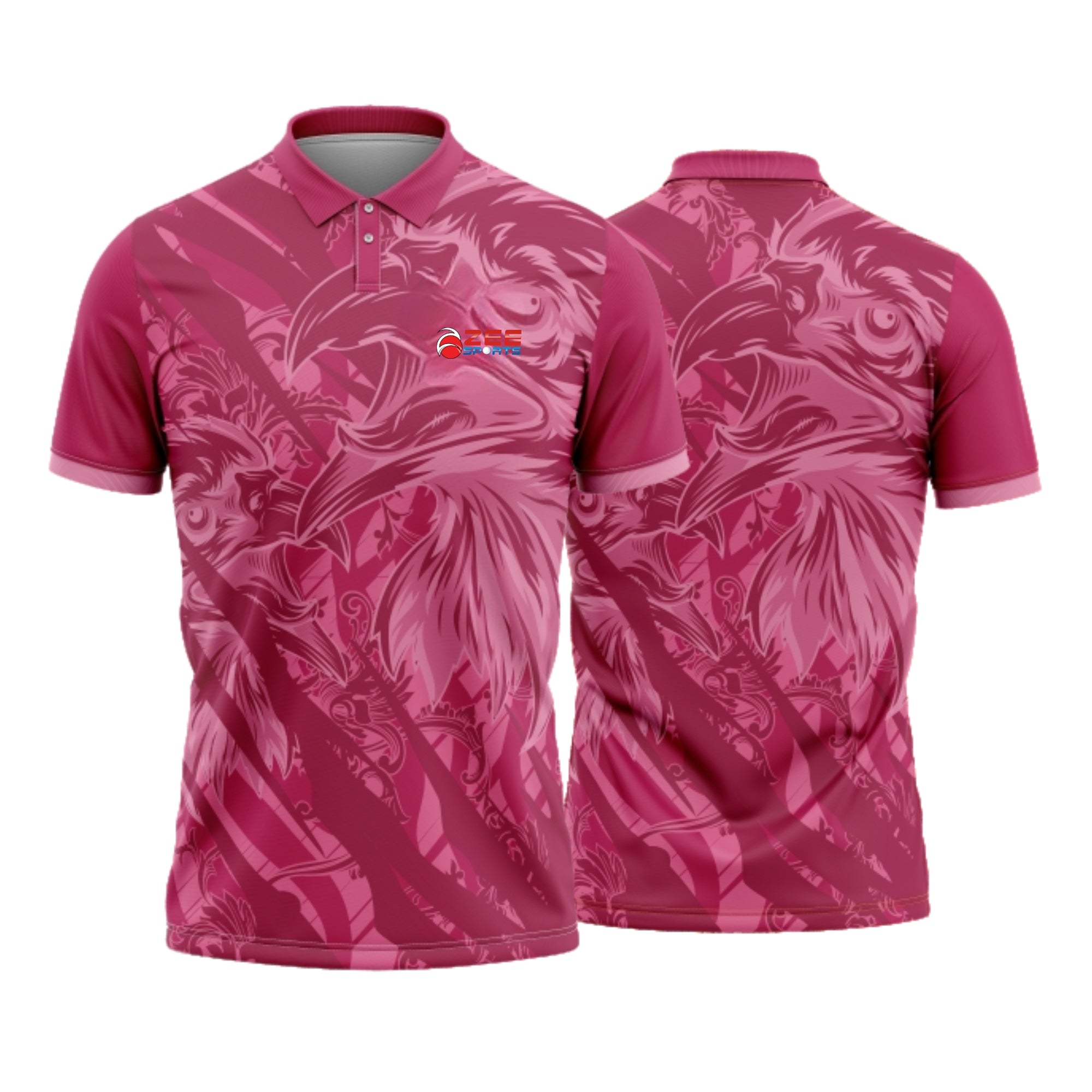 Pink patterned polo shirt with a logo on a white background