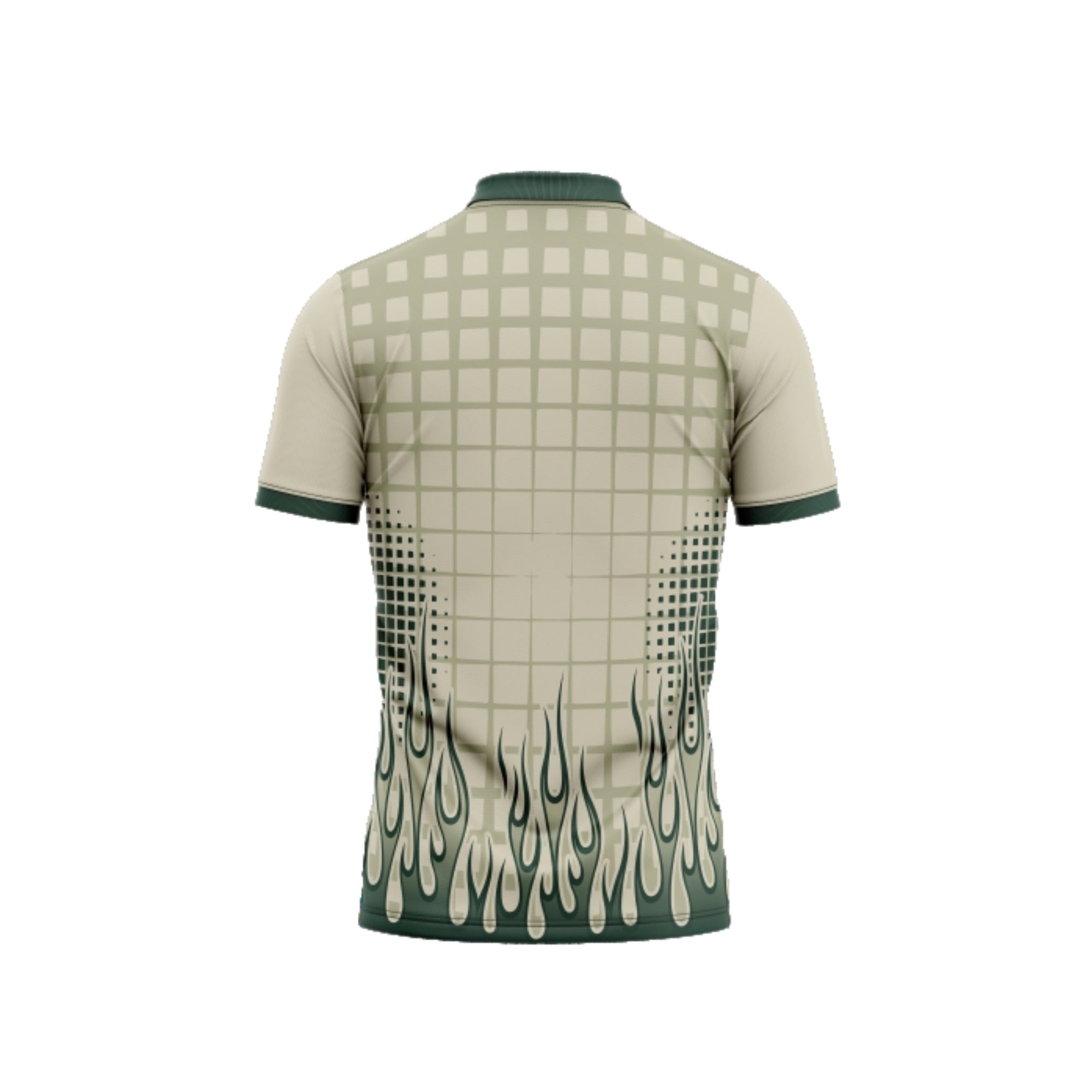 Beige polo shirt with flame design on a white background