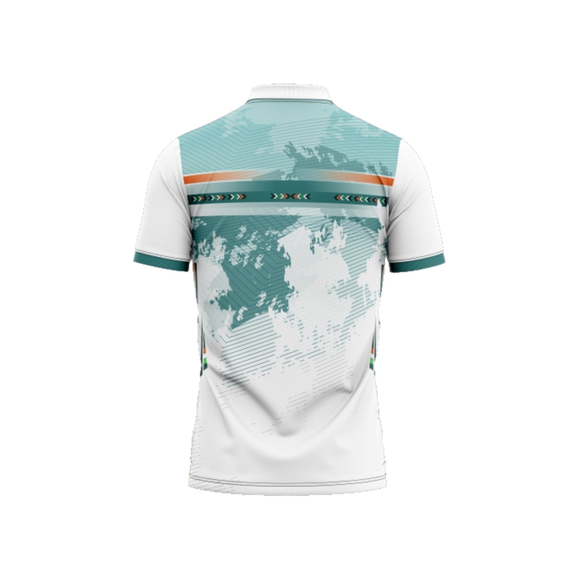 White sports jersey with blue and green design on a white background