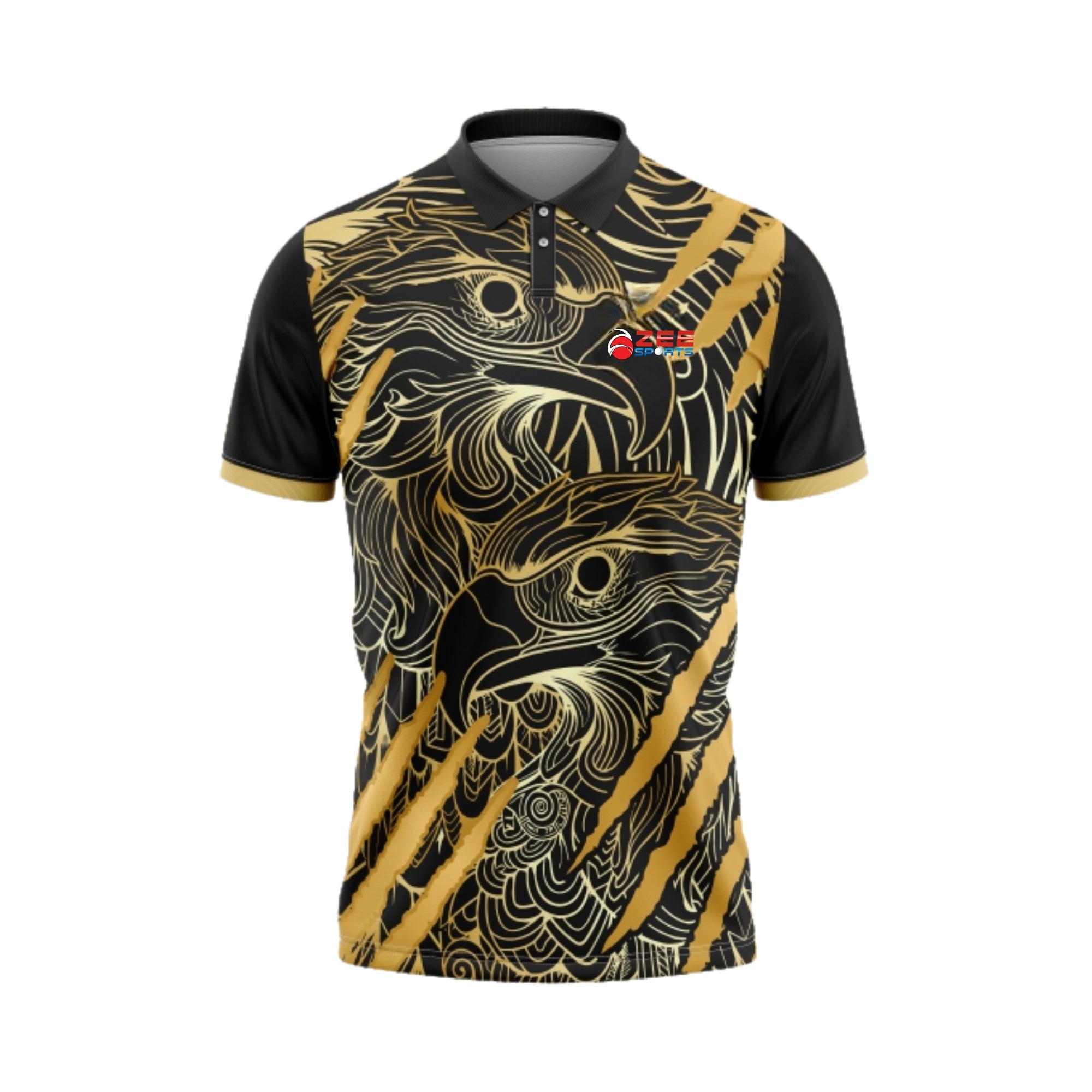 Black and gold sports jersey with intricate designs on a white background