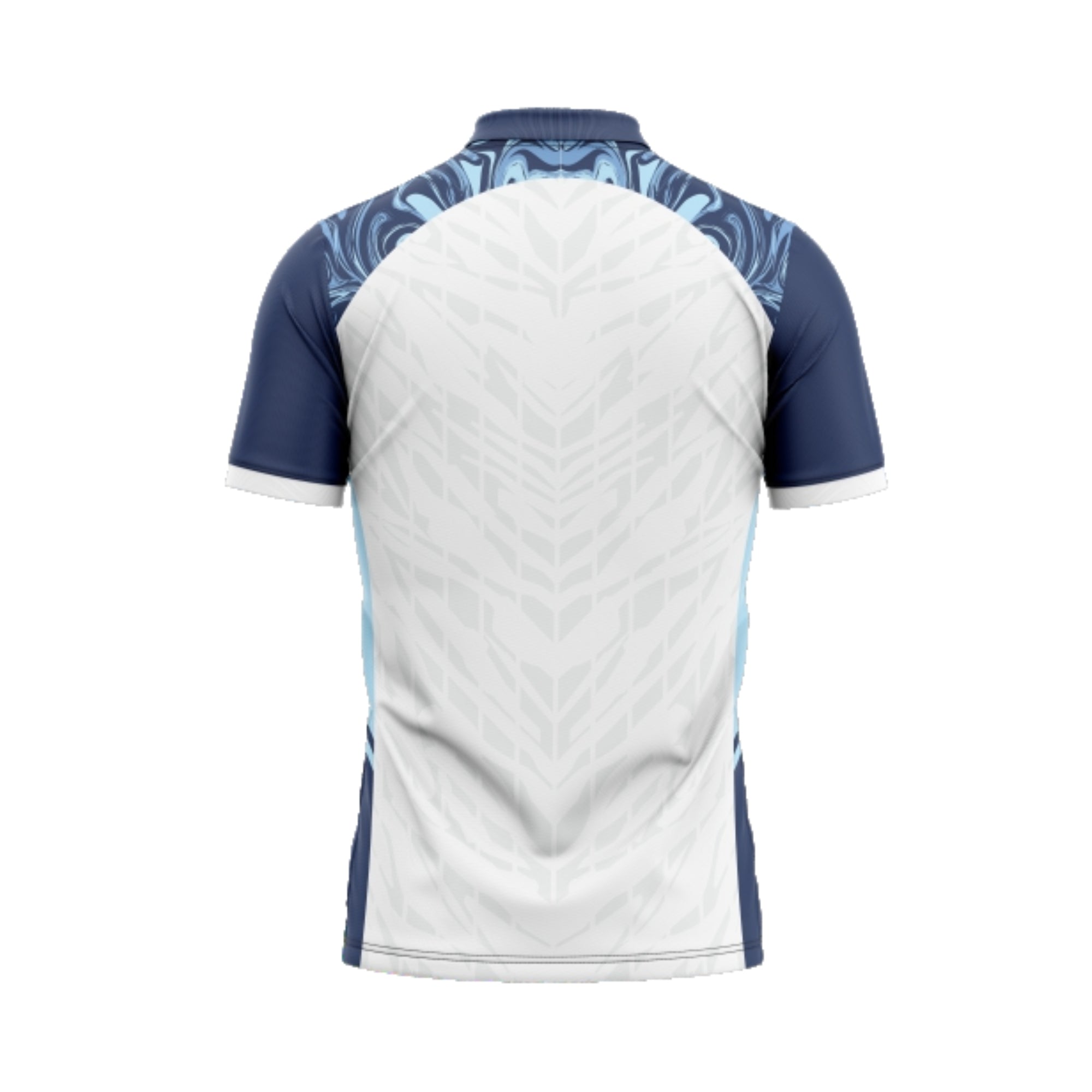 White sports jersey with blue sleeves and patterned collar on a white background