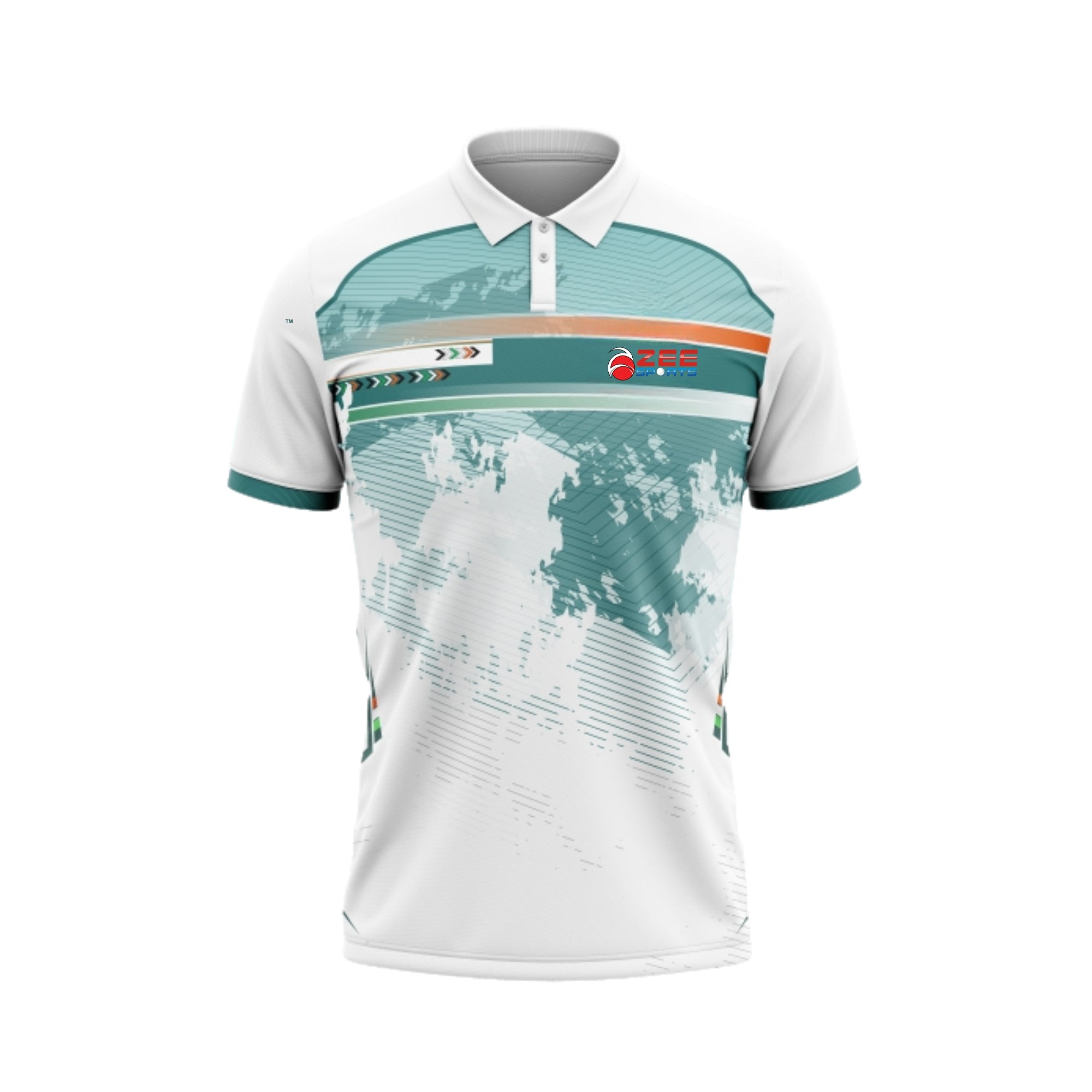 White polo shirt with teal and orange design on a white background