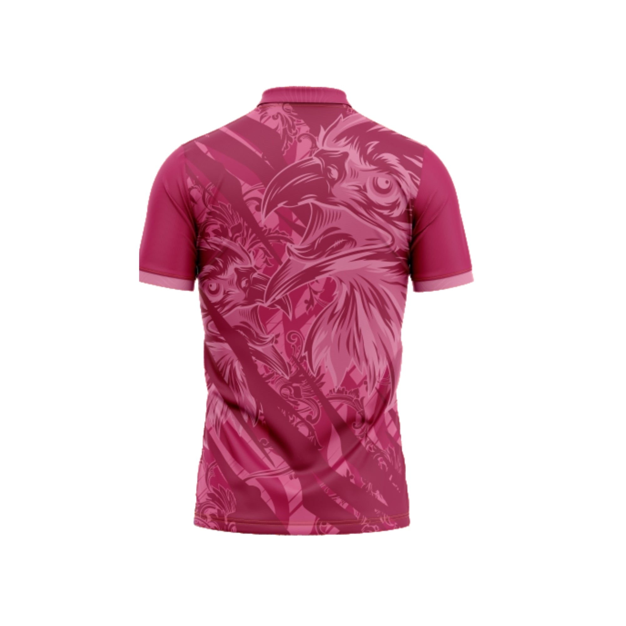 Pink polo shirt with rooster design on a white background