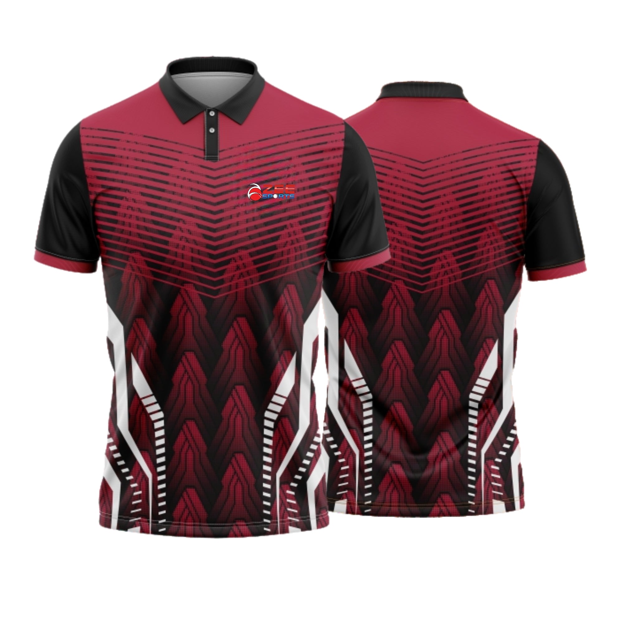 Red and black patterned polo shirt with a logo on a white background