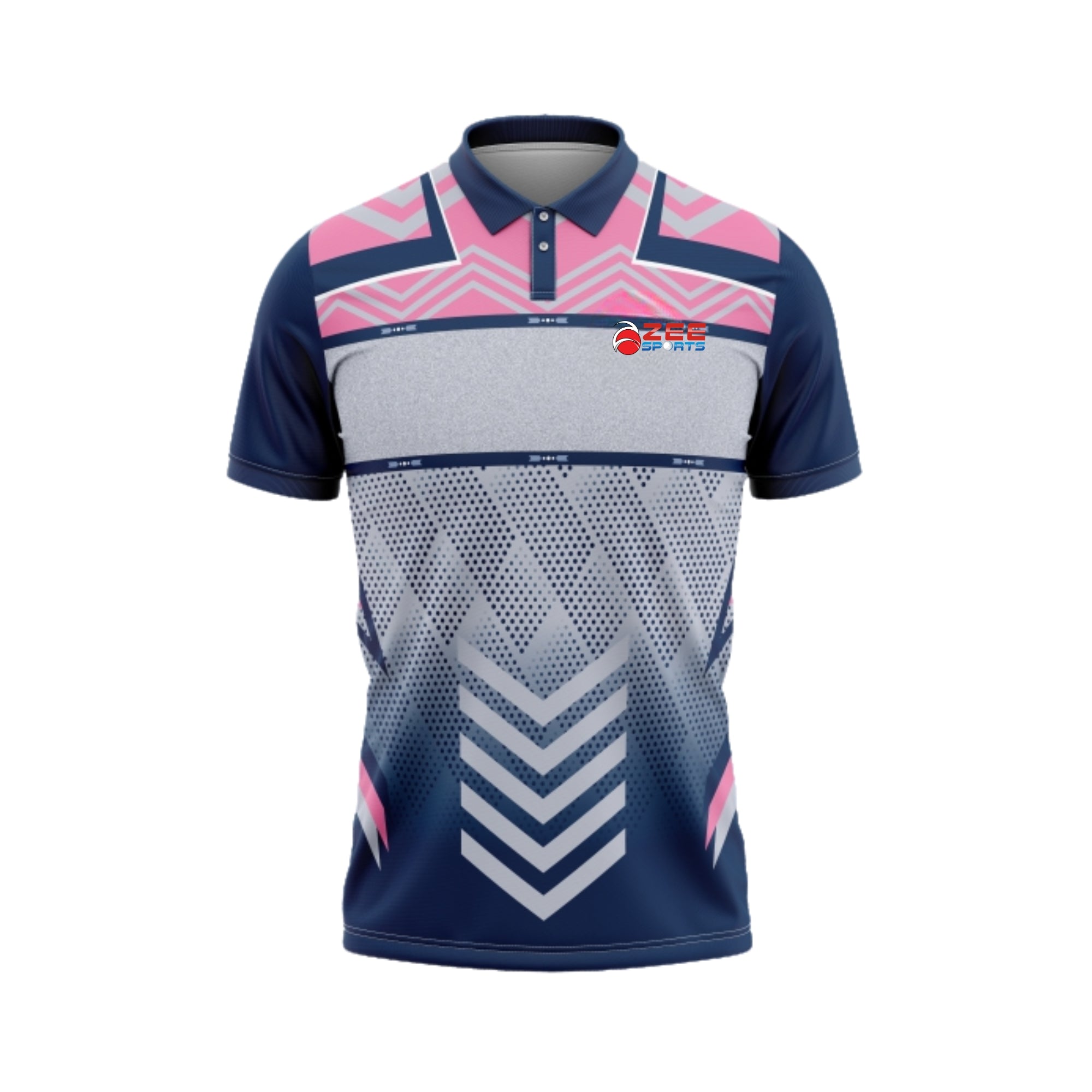 Navy and pink sports jersey with geometric patterns on a white background