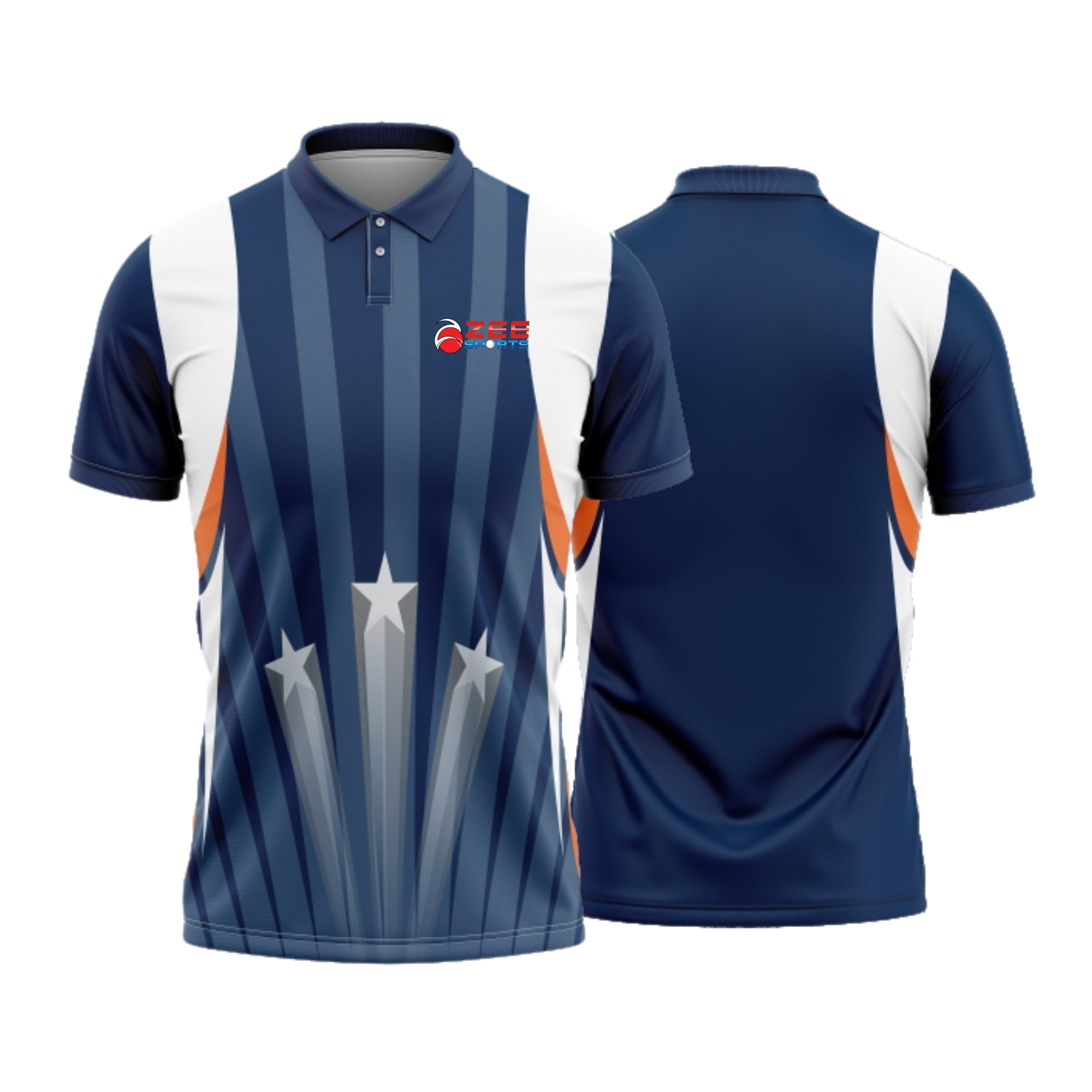 Navy and white polo shirt with star design on a white background