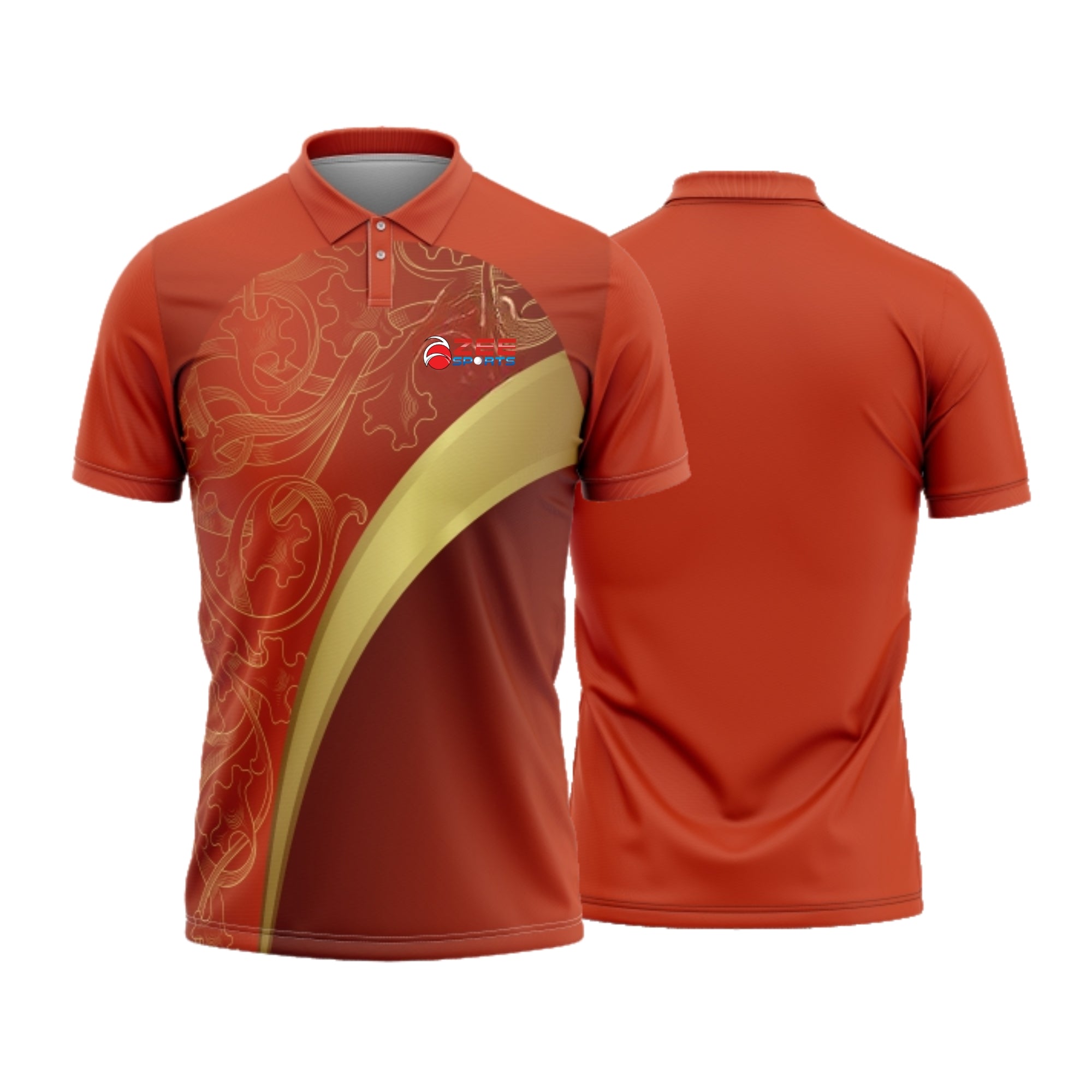 Orange polo shirt with a decorative design on a white background