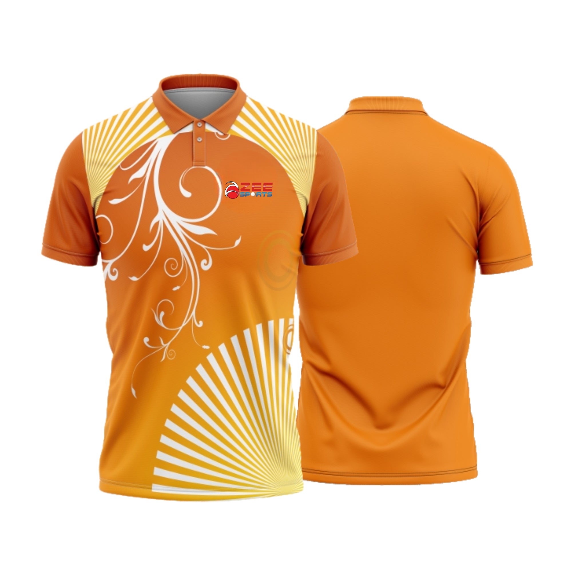 Orange polo shirt with white patterns and a logo on a white background