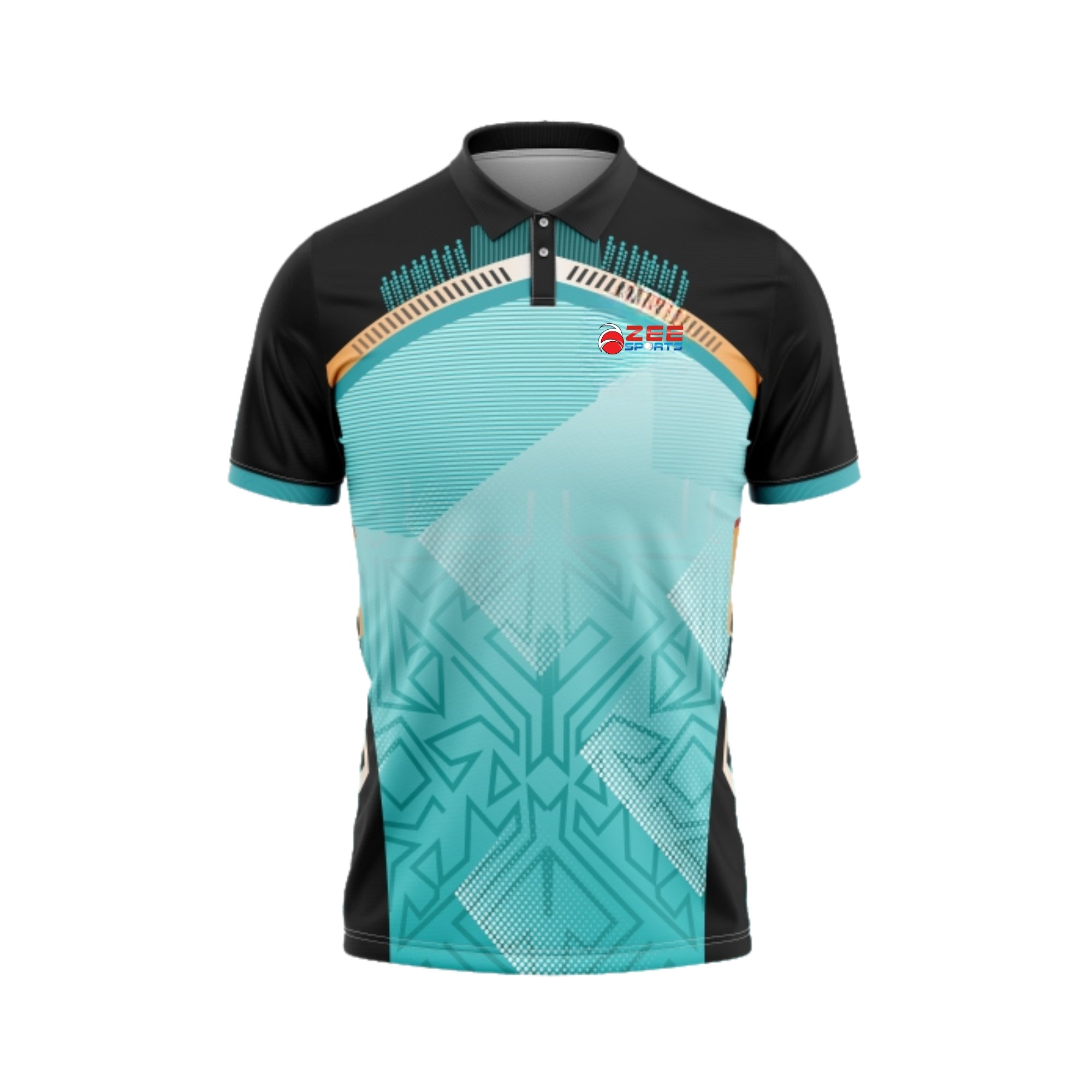Teal and black sports jersey with geometric pattern on a white background