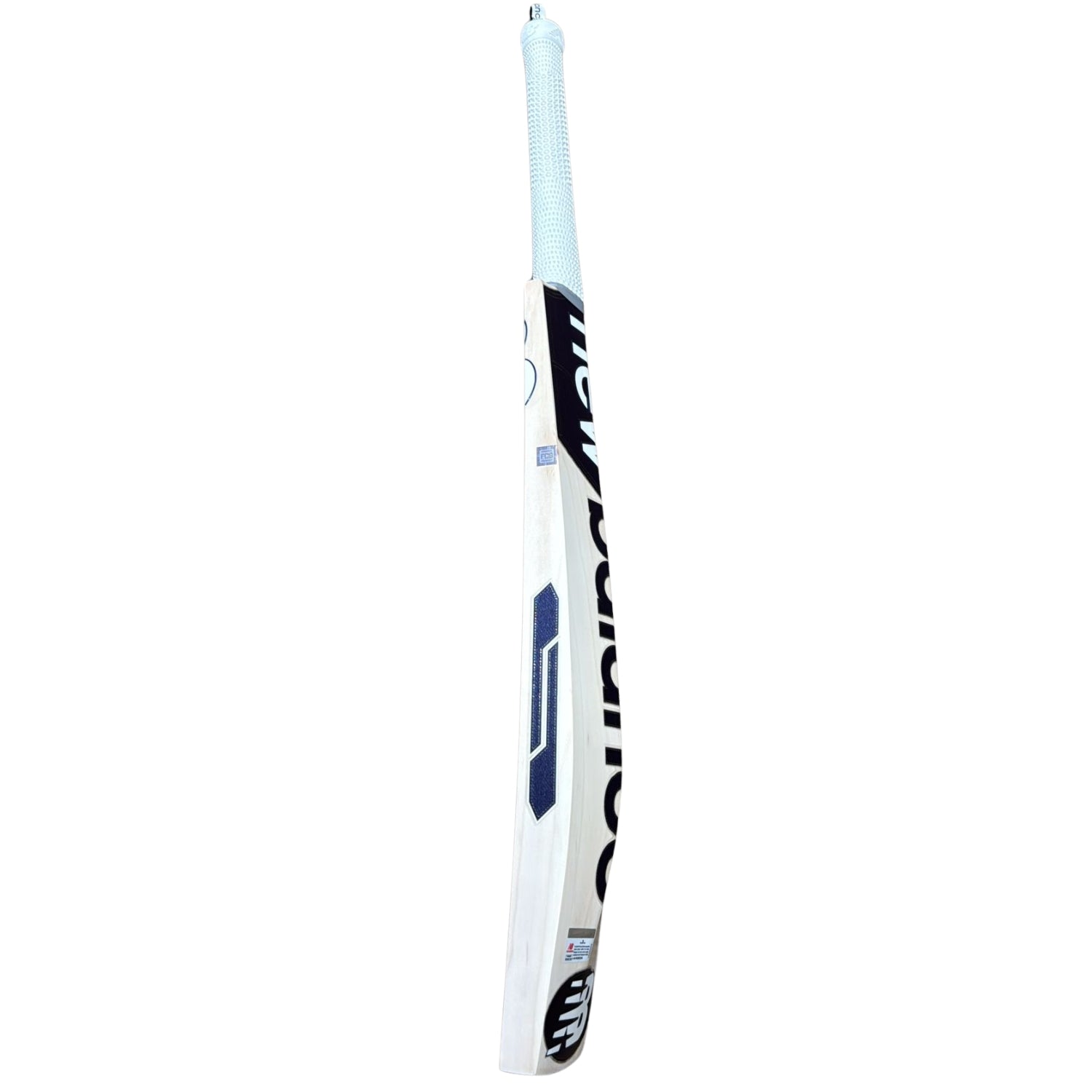White and blue sports bat with branding on a white background