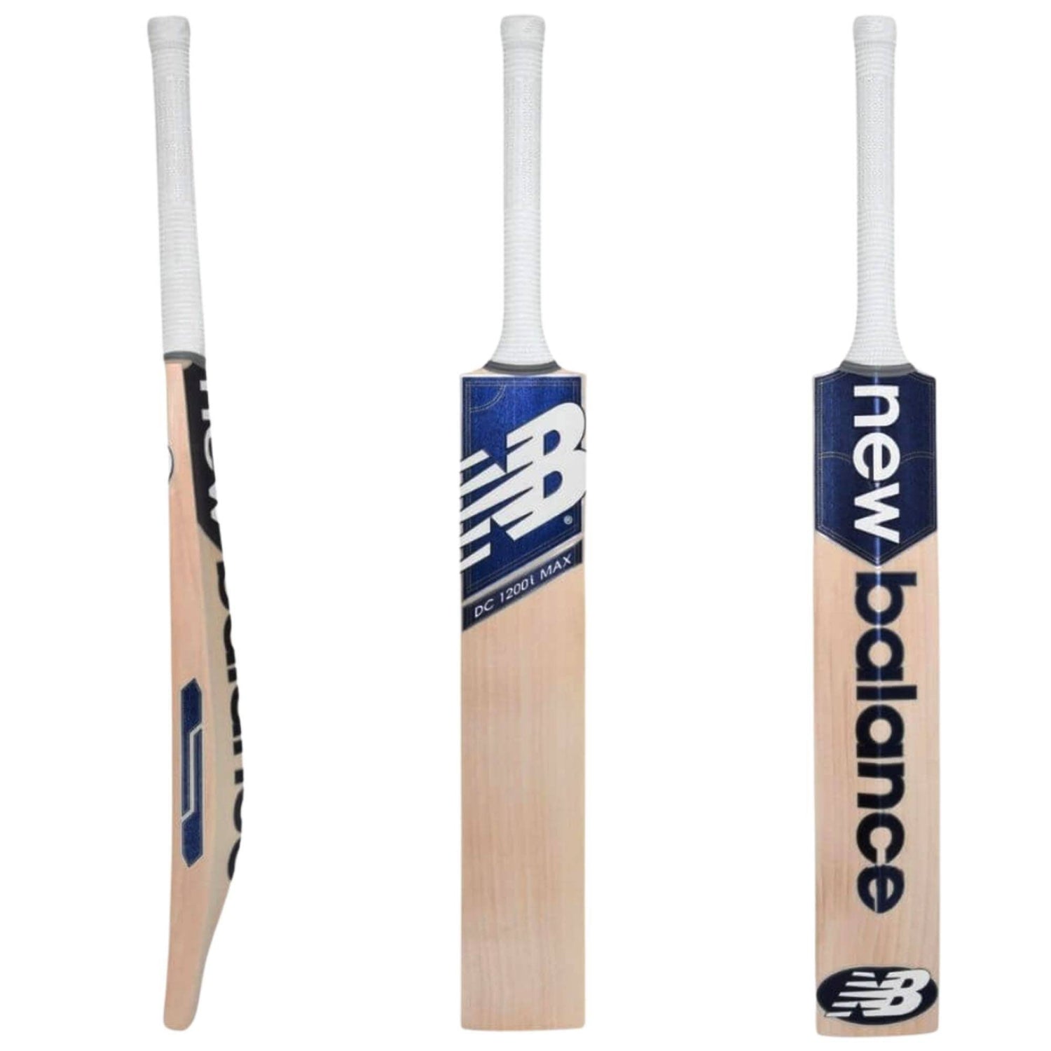 Three cricket bats with New Balance branding on a white background